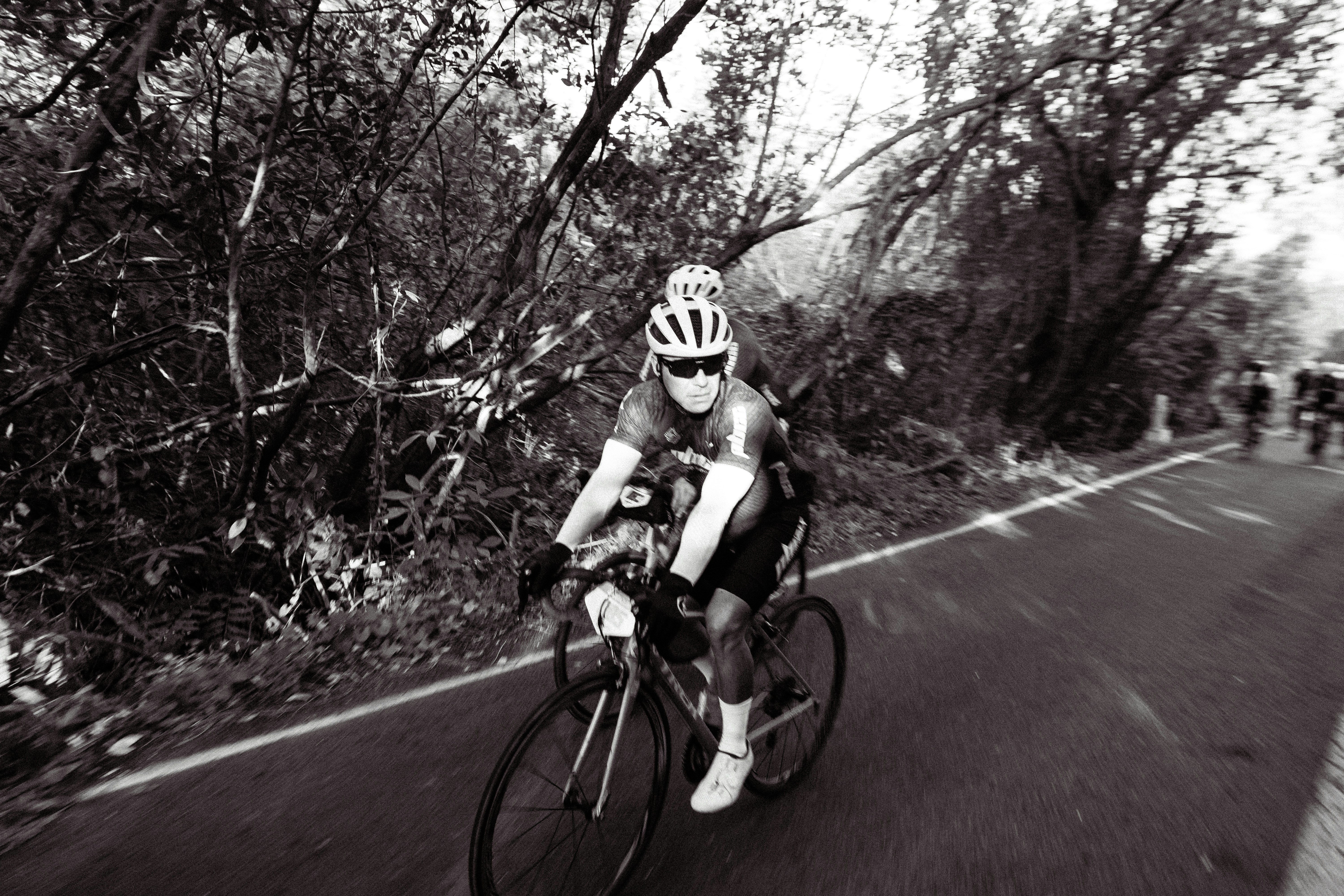 Cyclist riding a bike on a road with trees