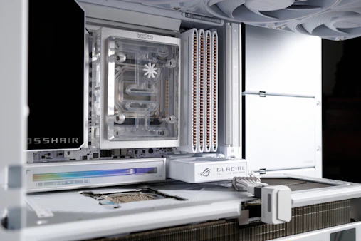 White computer case interior with components visible components