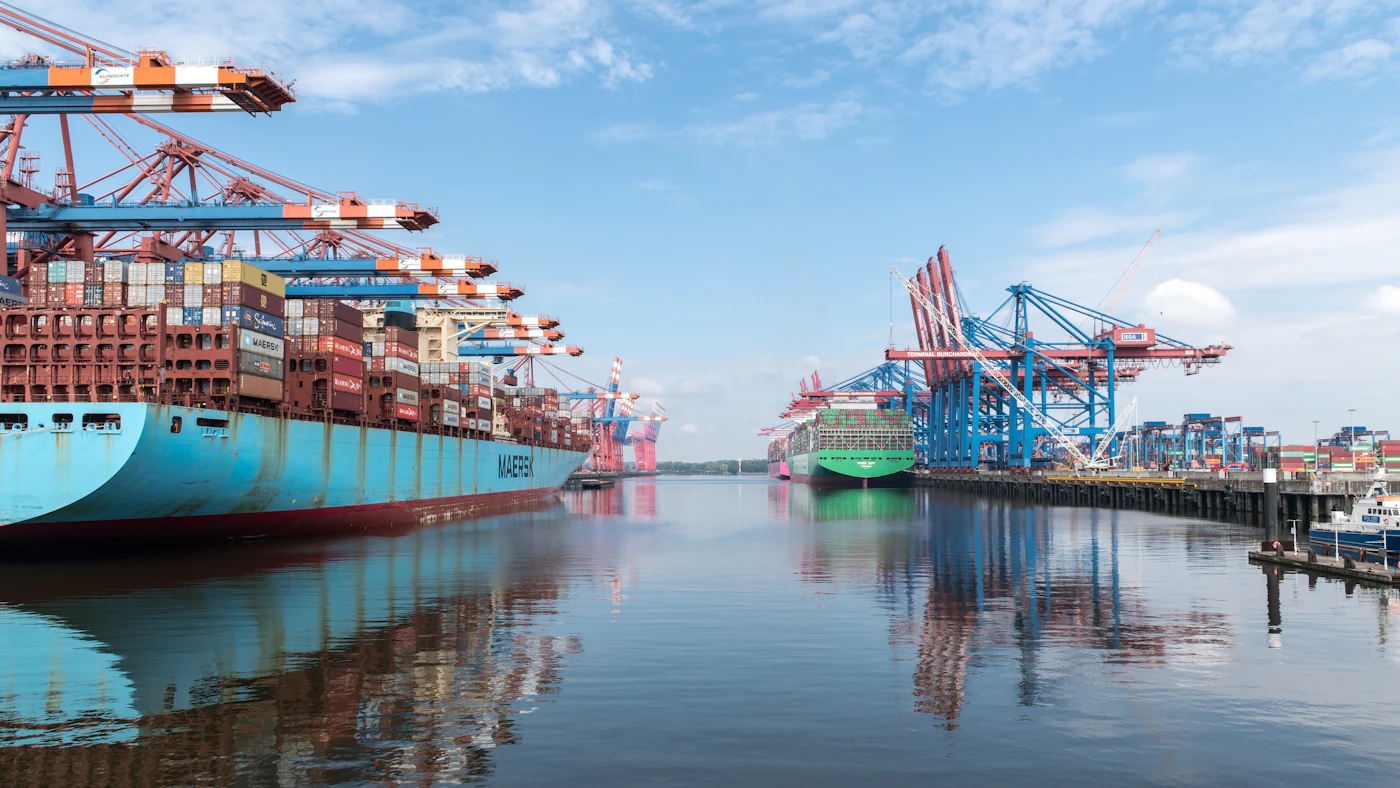 Container ships and gantry cranes at a commercial container port