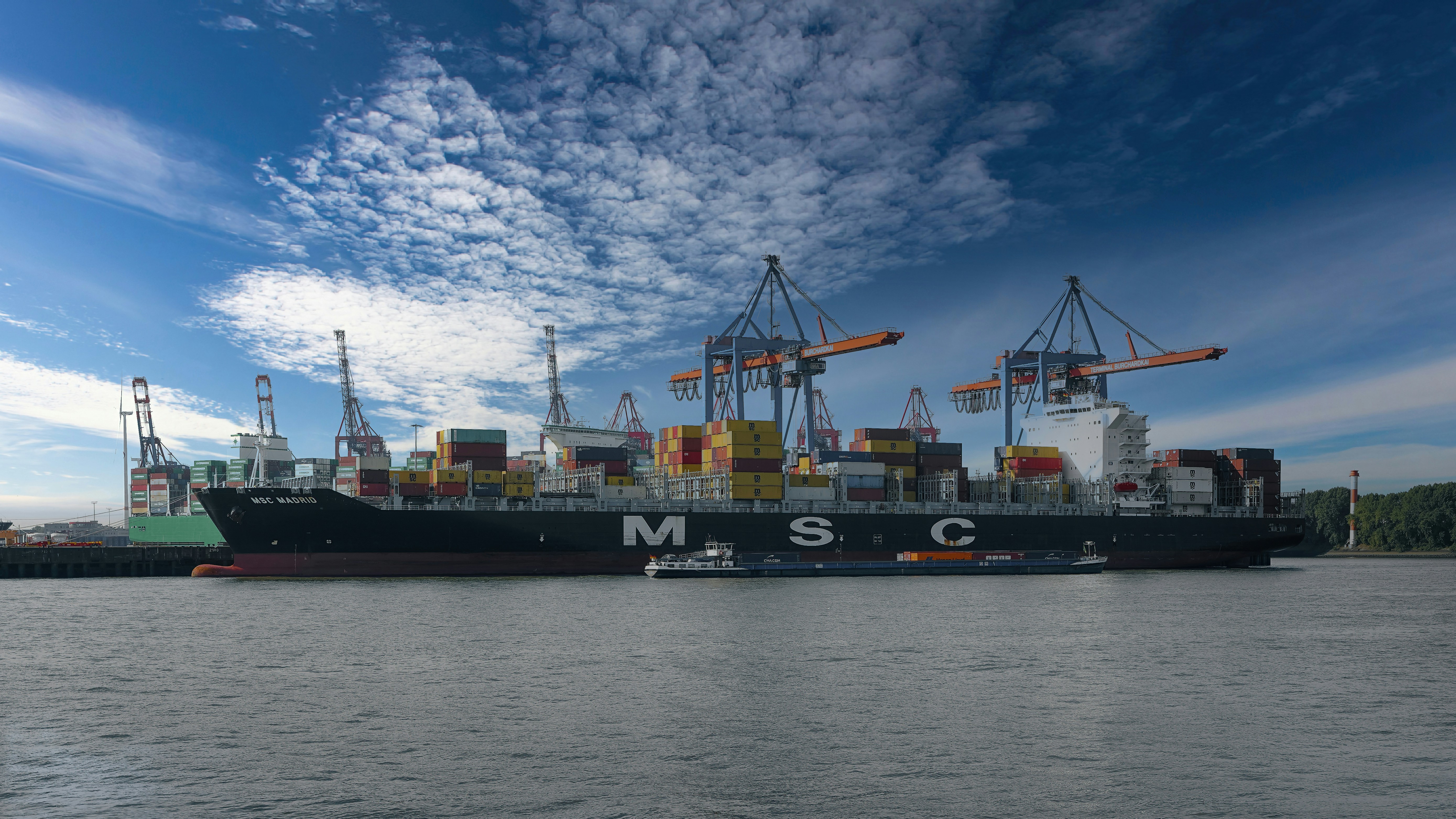 Large cargo ship docked at a busy port.