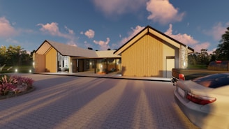 Modern house with large windows and a car