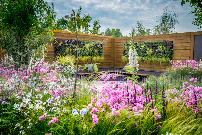 Lush garden with pink and white flowers