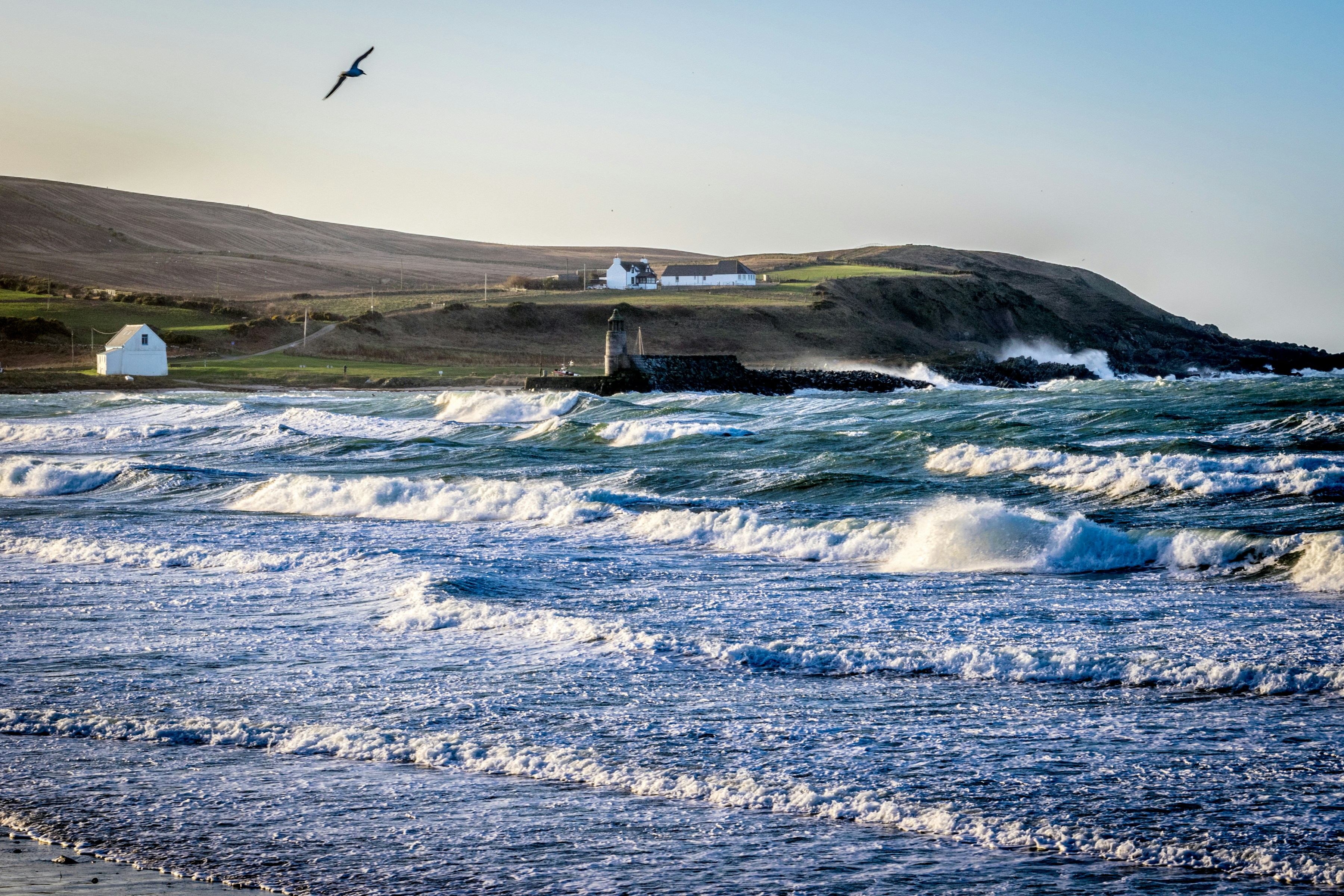 Waves crash on a beach with houses on hill.