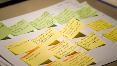 Sticky notes with handwritten text arranged on a surface.