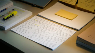 A desk with papers, pens, and a highlighter.