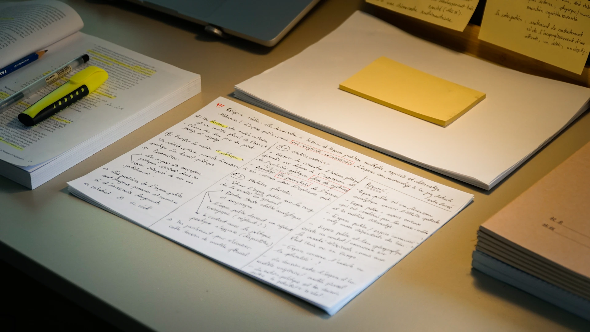 A desk with papers, pens, and a highlighter.