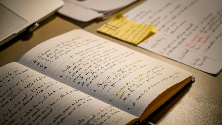 Open handwritten notebook on a desk