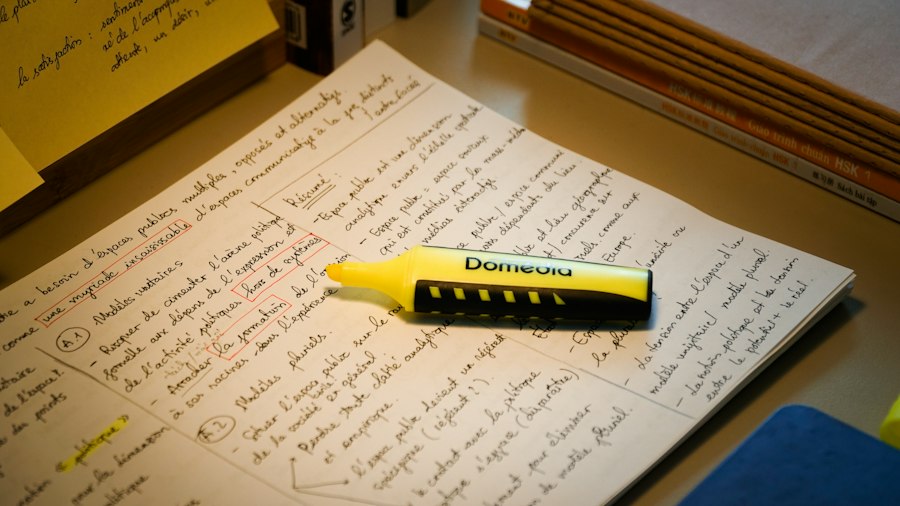 Highlighter resting on handwritten research notes