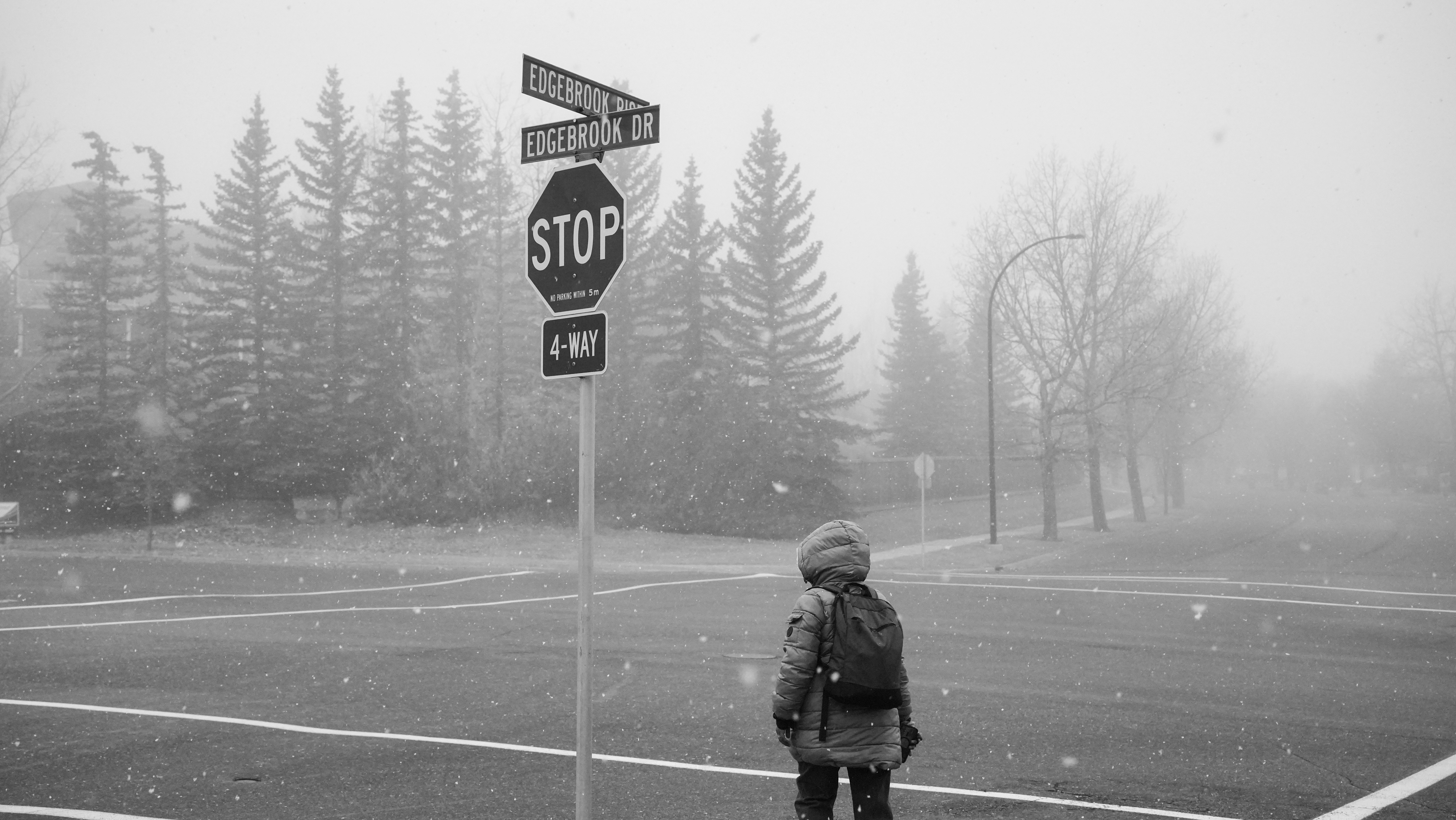 Child stands at snowy intersection near stop sign.