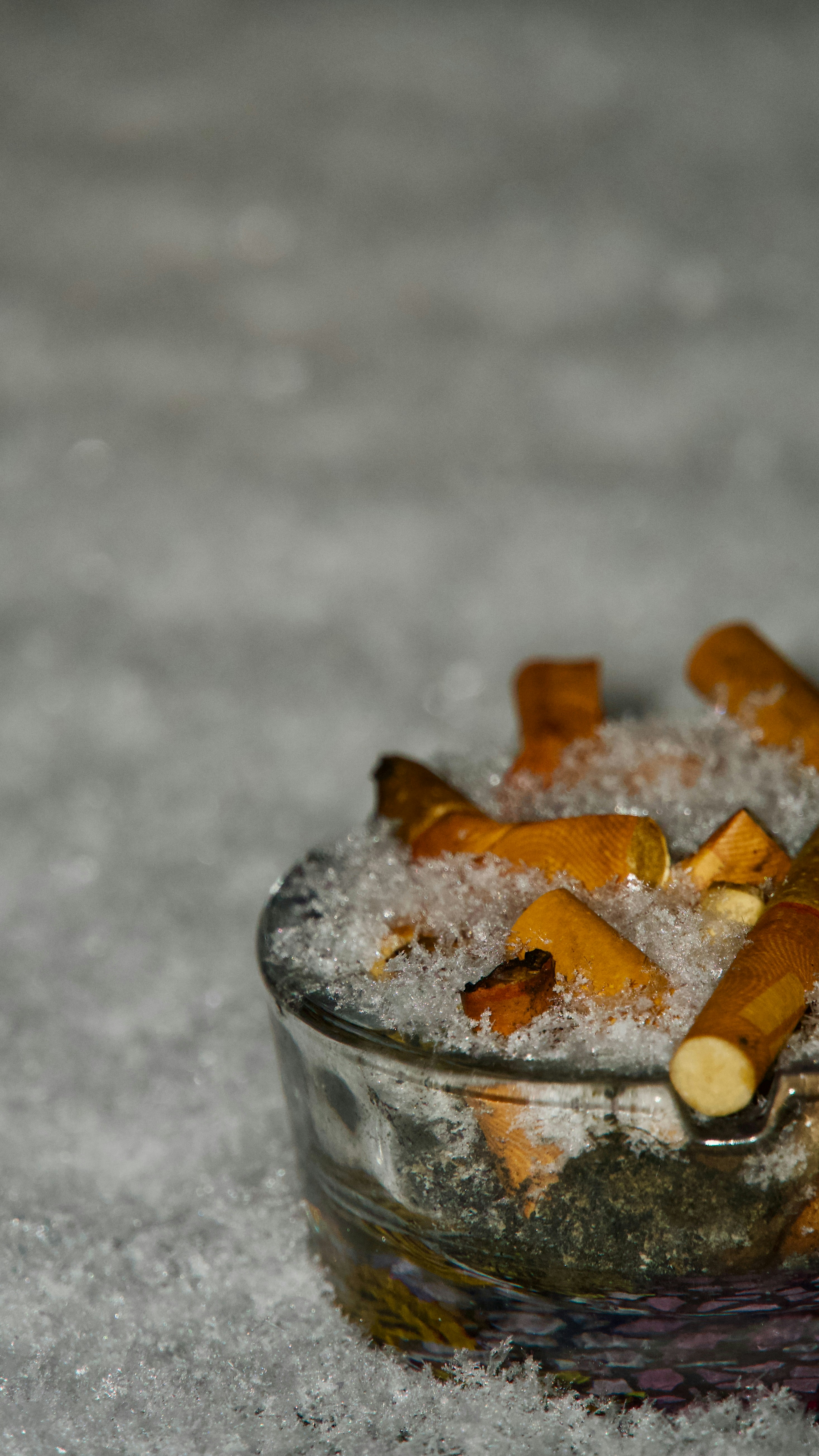 Cigarette butts in an ashtray filled with snow.