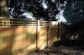 Wooden fence with a gate on a sunny day