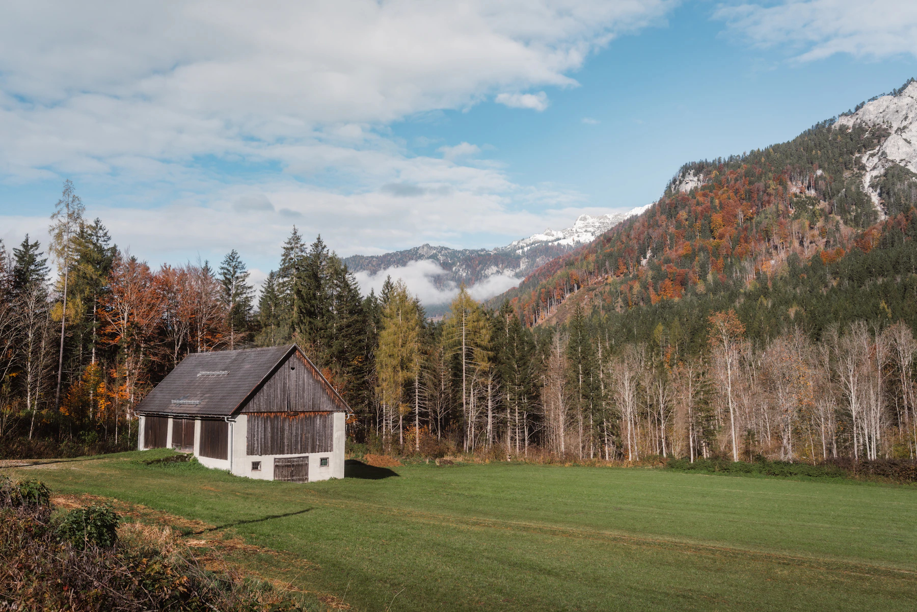 Cabin surrounded by autumn mountain scenery