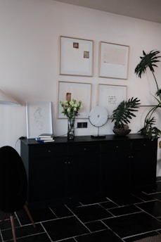 Black sideboard with artwork and plants