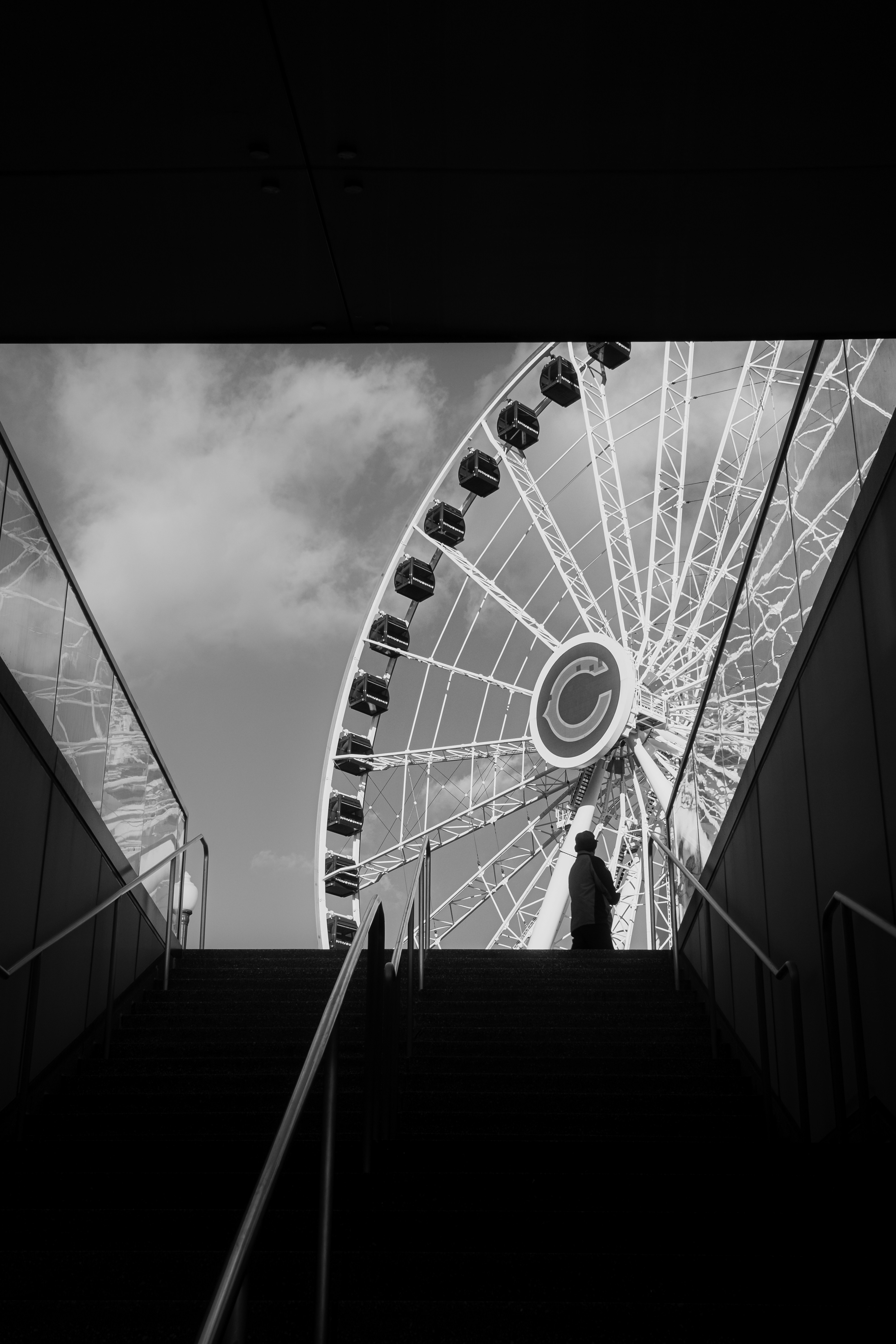 Person silhouetted against a large ferris wheel