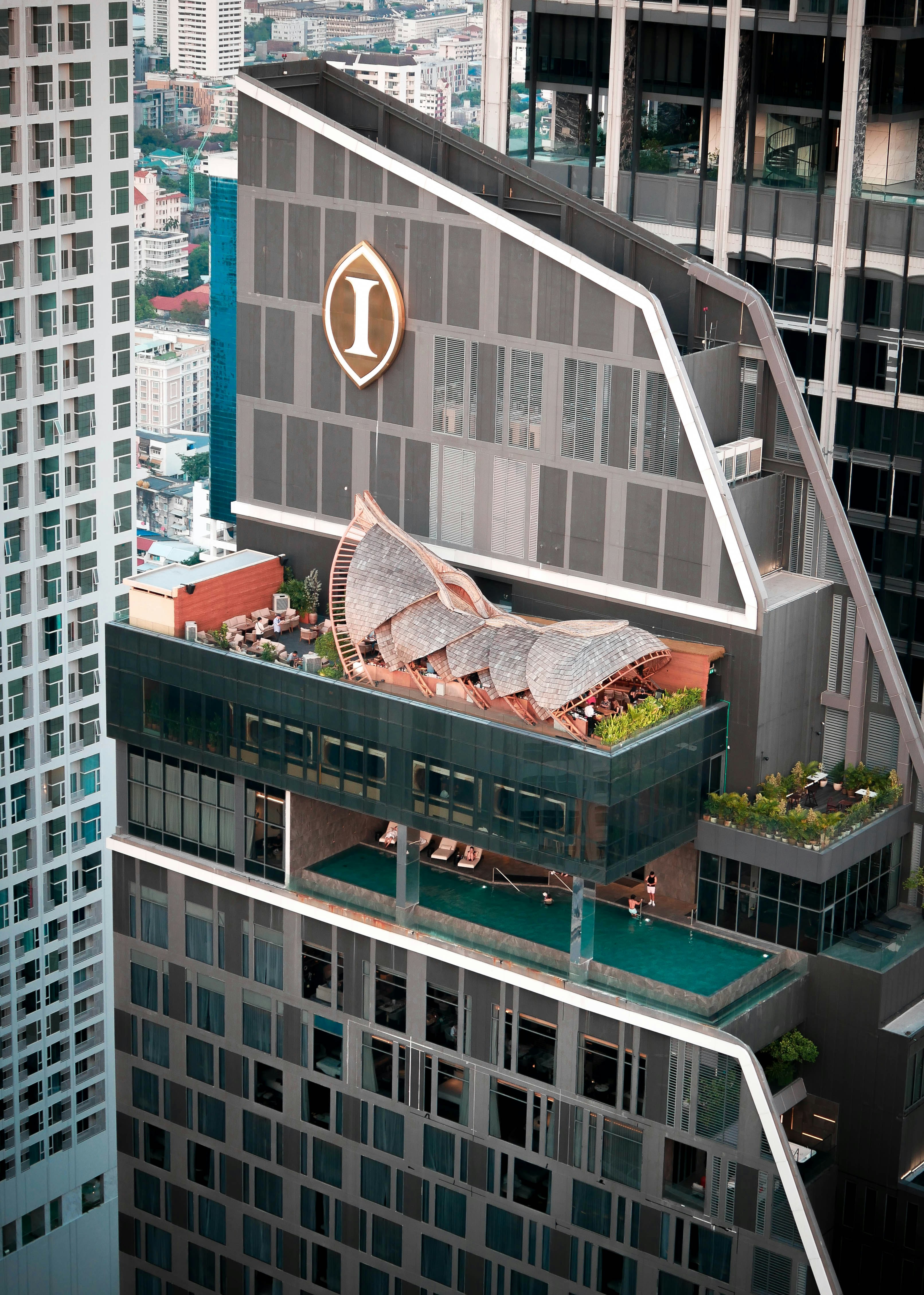 Rooftop pool and bar on a modern skyscraper