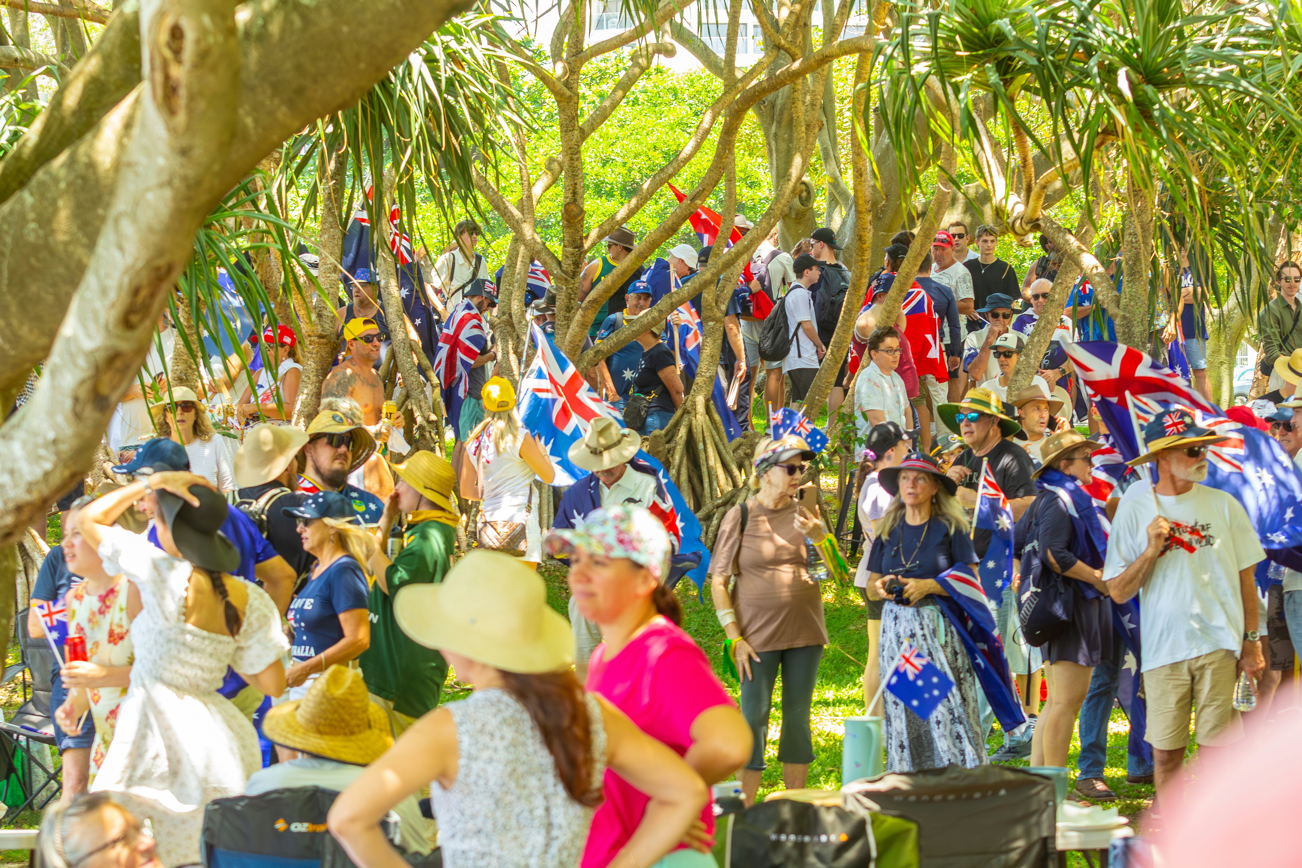 Crowd of people waving australian flags in a park
