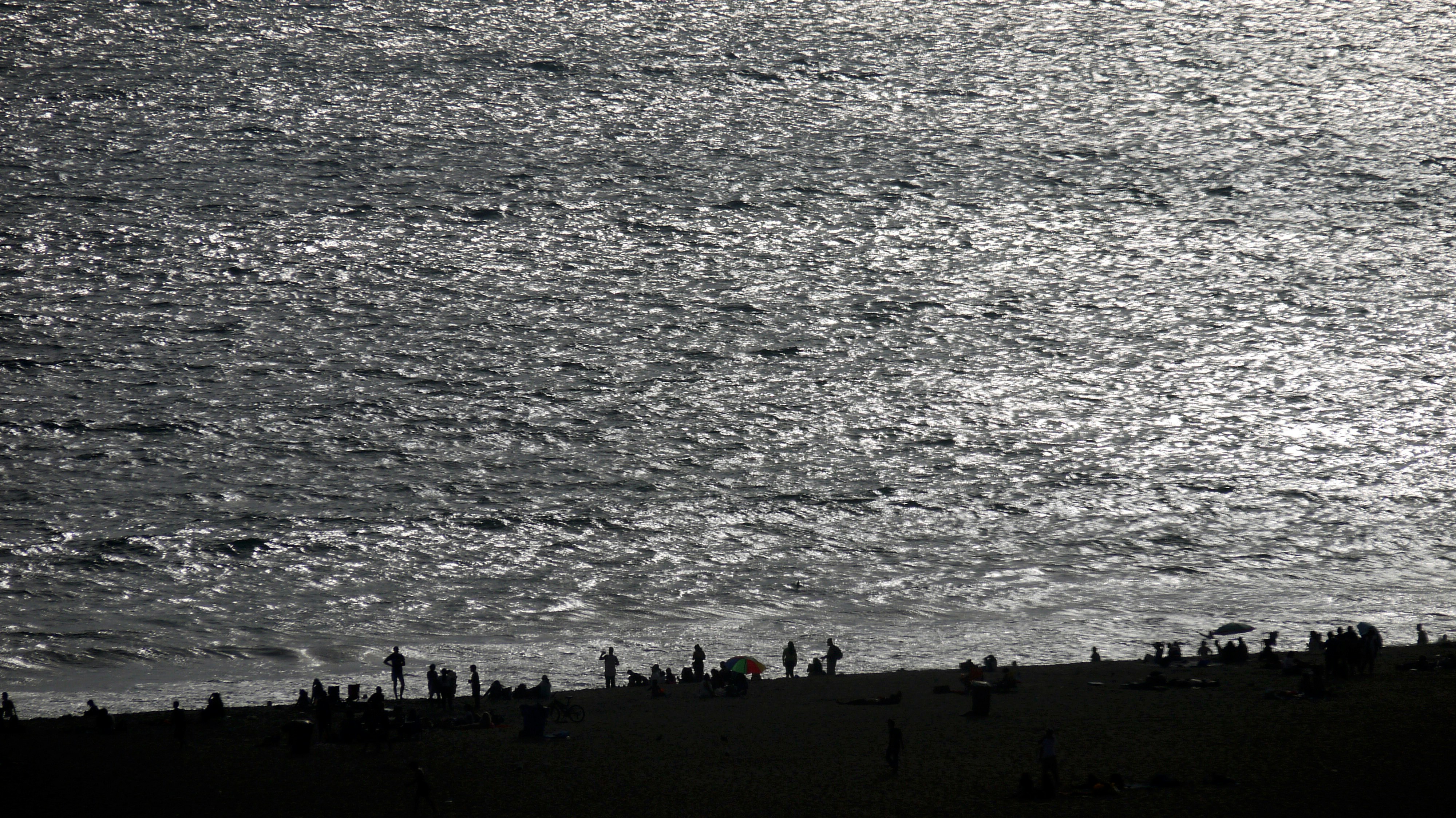 Silhouettenierte Menschen an einem Strand mit funkelnden Meereswellen.