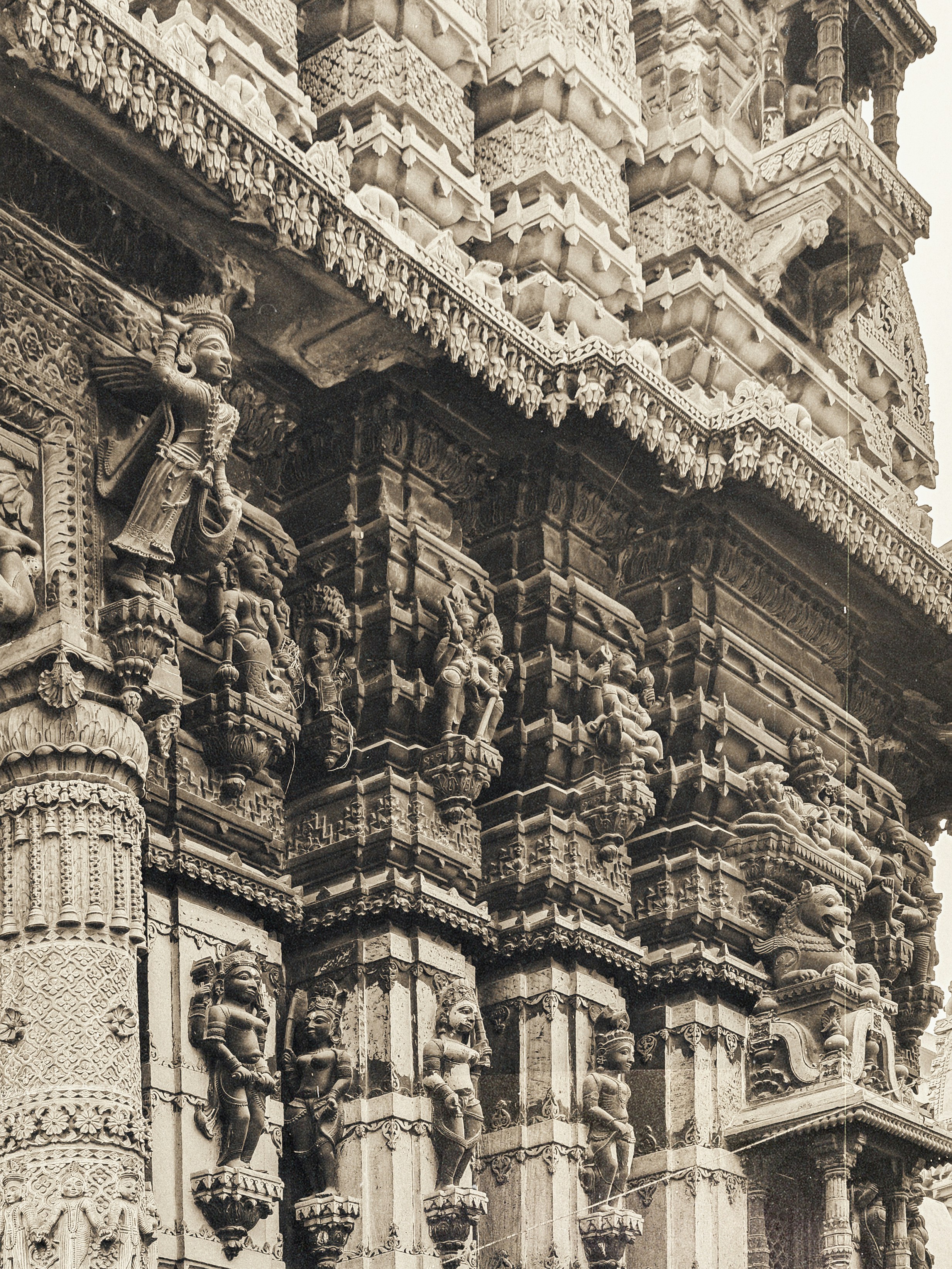 Intricately carved pillars of an ancient indian temple