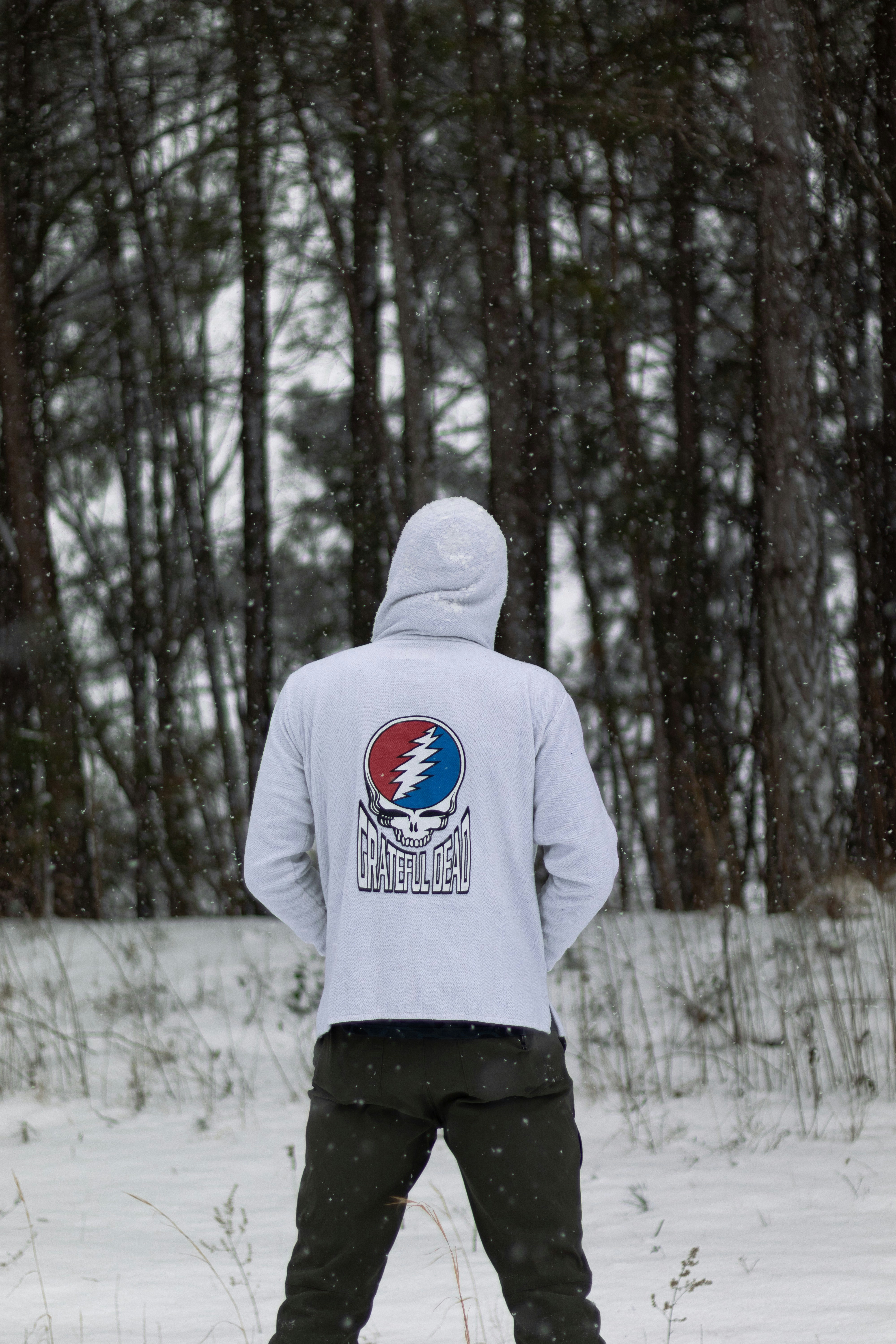 Person in grateful dead hoodie in snowy forest