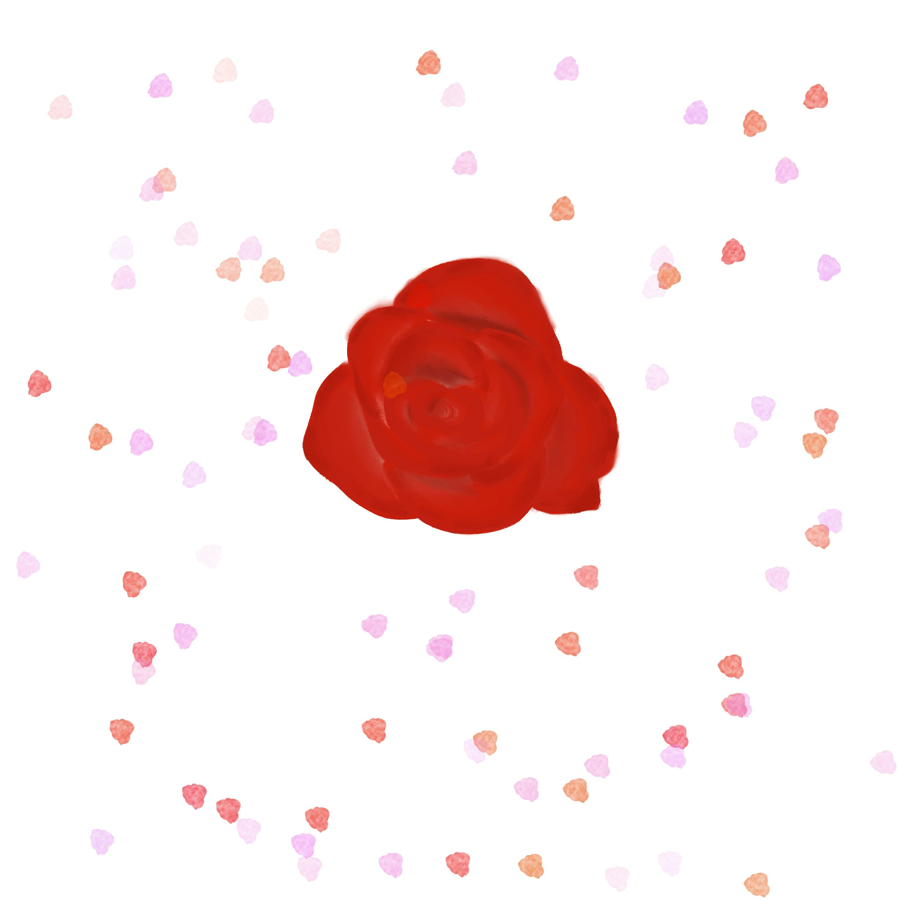 A red rose surrounded by small hearts