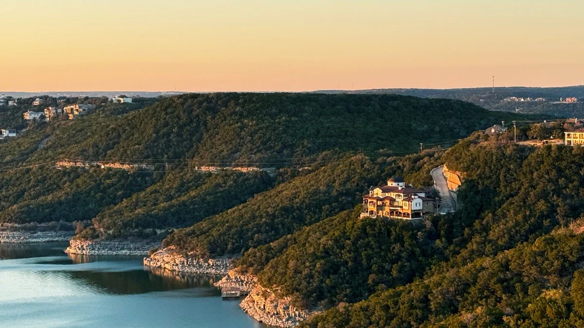 Rolling Texas Hill Country hills at sunset