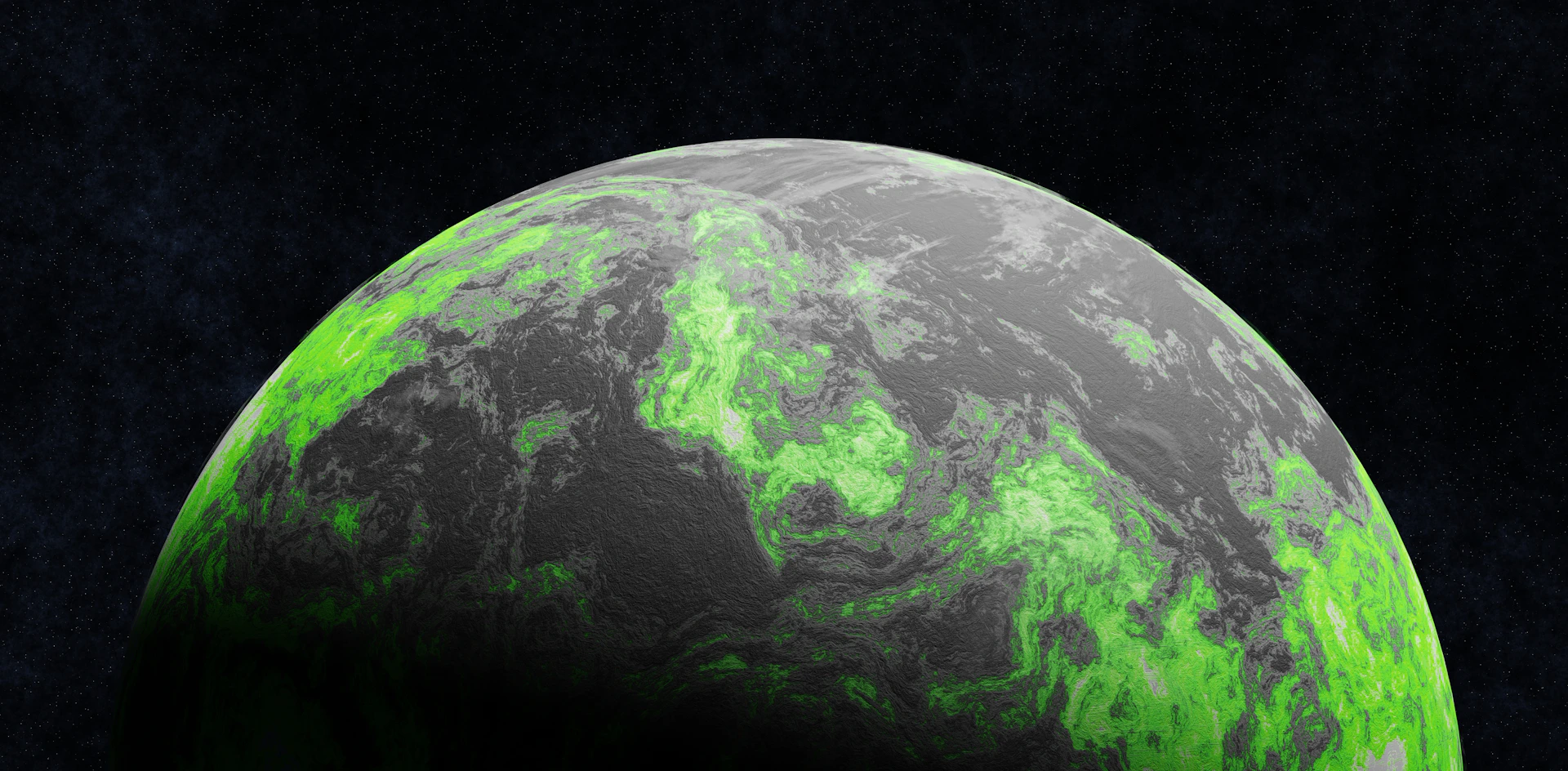 A planet with green glowing continents in dark space