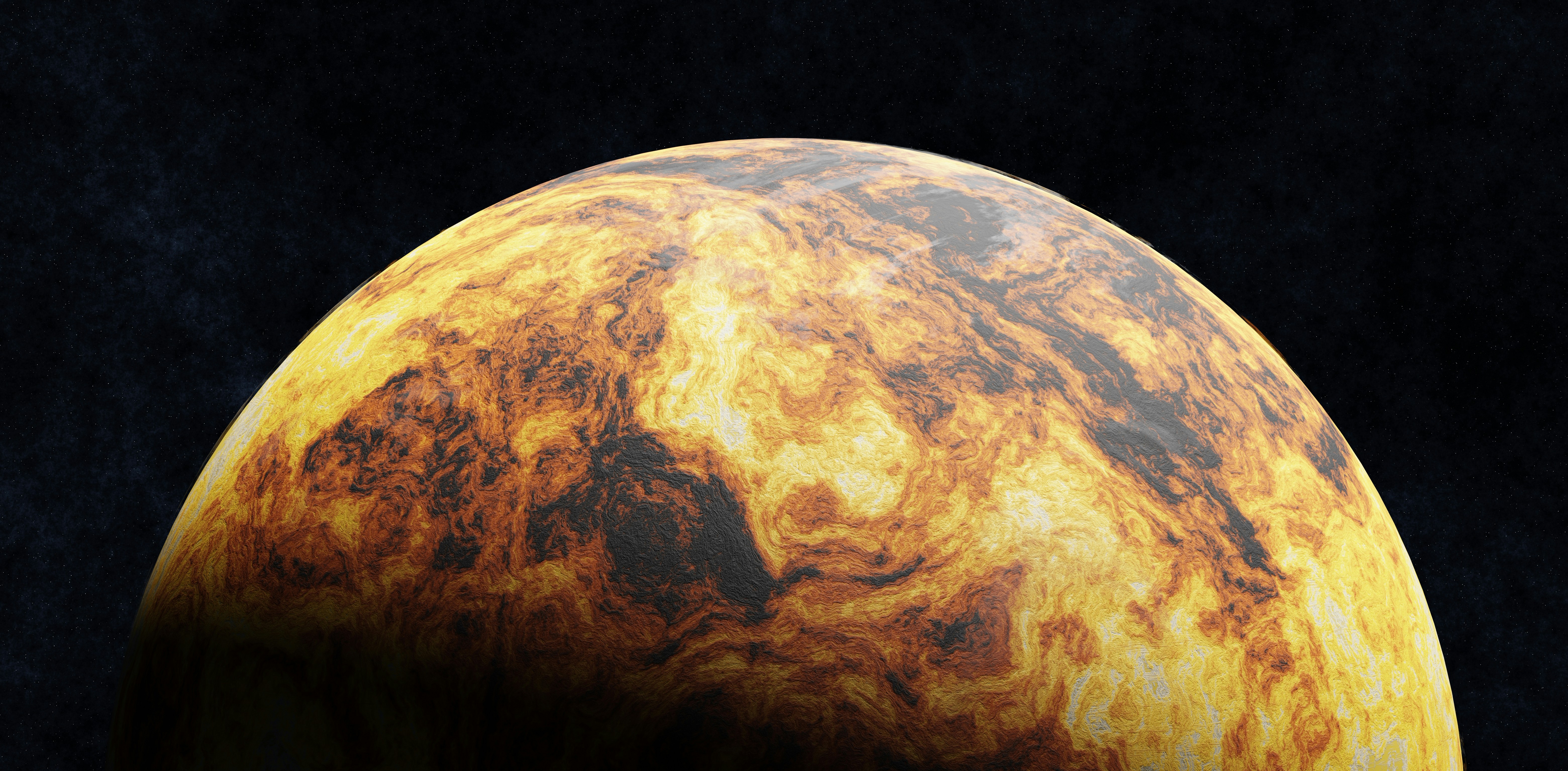A textured planet with swirling yellow and brown patterns.