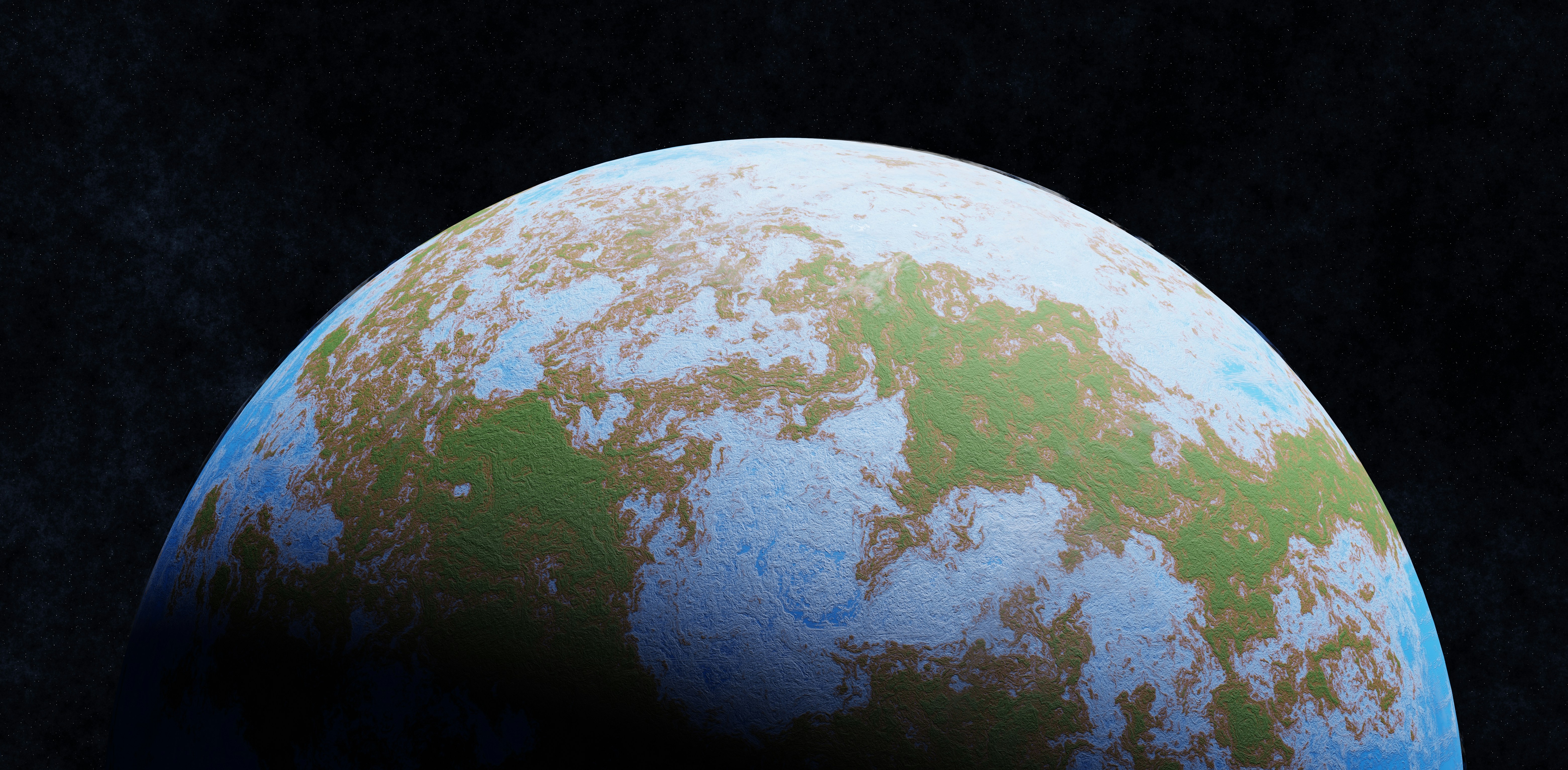 A stylized planet with green and brown continents.