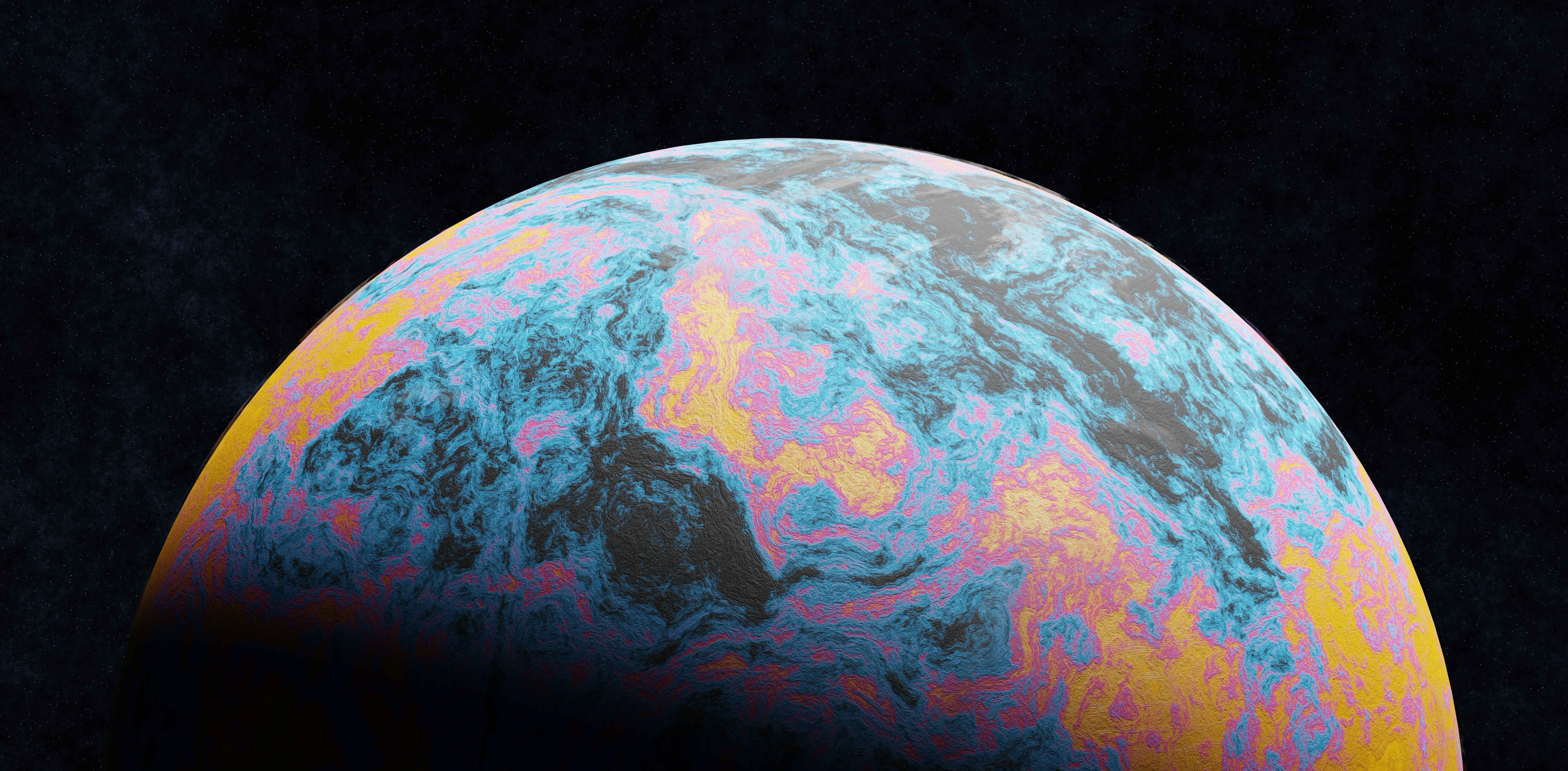 Colorful planet with swirling clouds in dark space