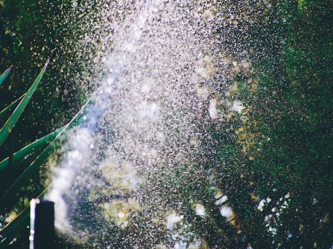 Water sprinkler spraying in the air with green garden foliage in the background.