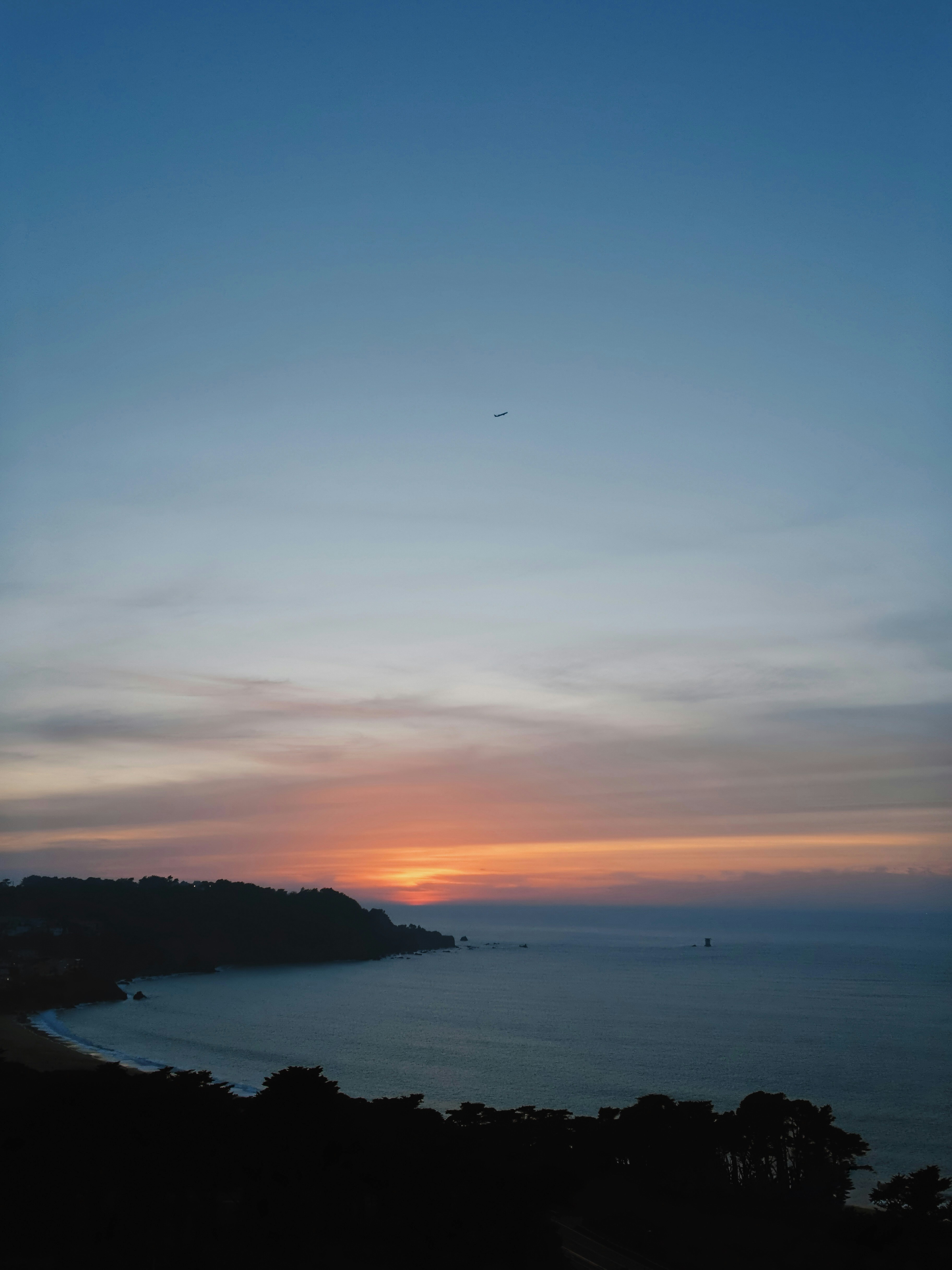 Coastal sunset over the ocean with silhouetted trees.