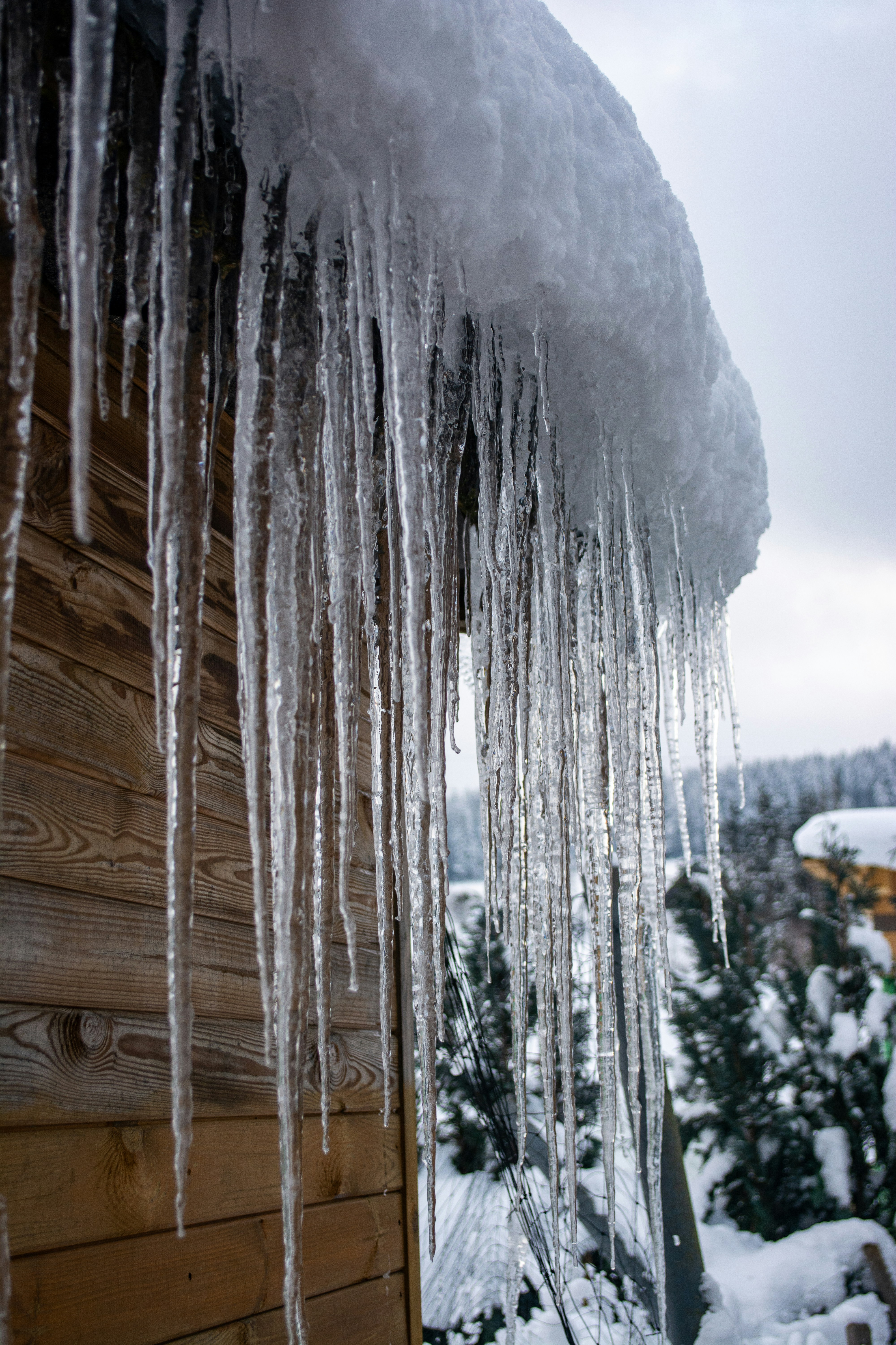 Nature paints with cold precision—icicles hang like glass daggers from a snow-laden roof, shimmering in the mountain air. A reminder of winter’s artistry and chill. ❄️