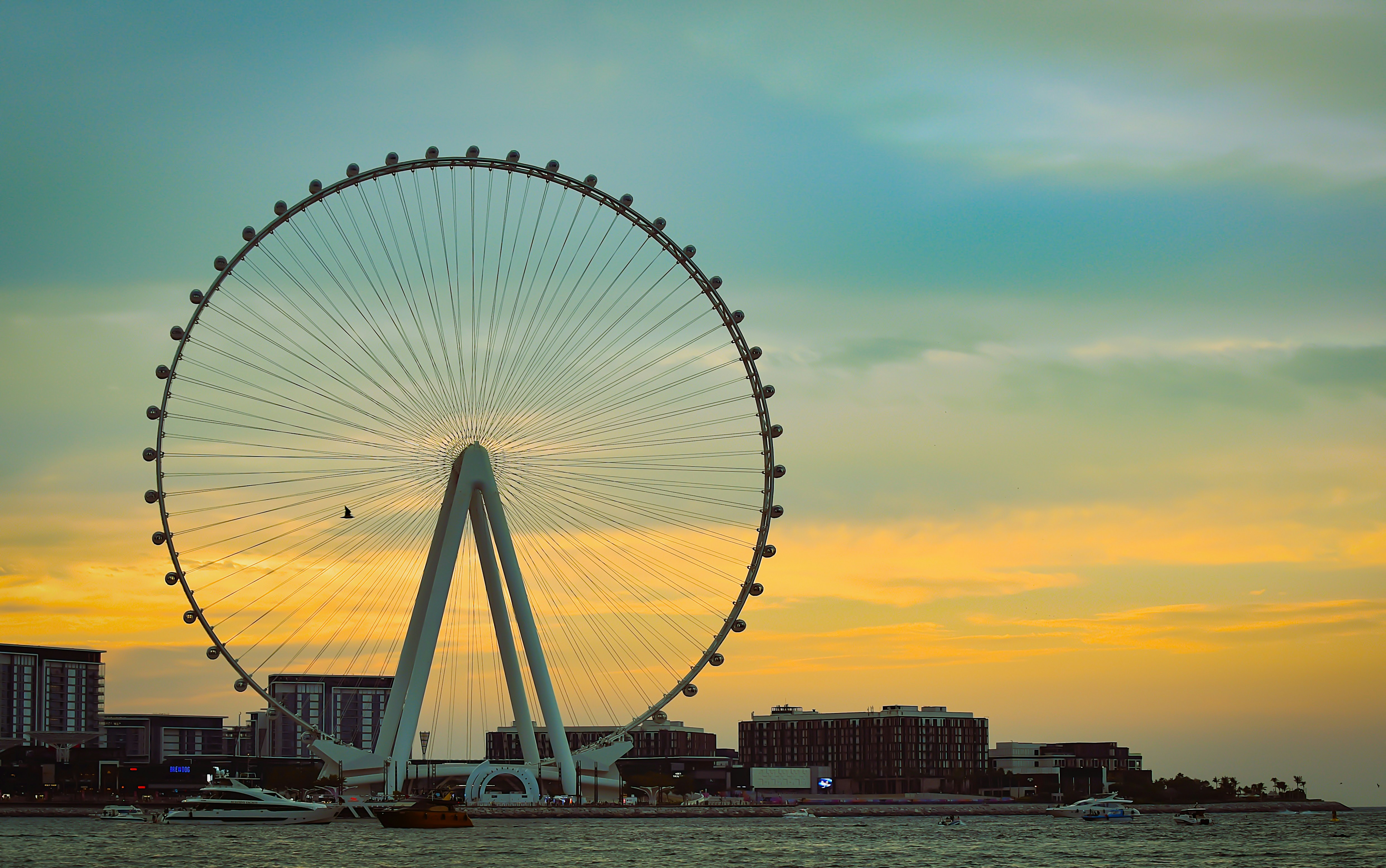 Giant ferris wheel against a colorful sunset sky