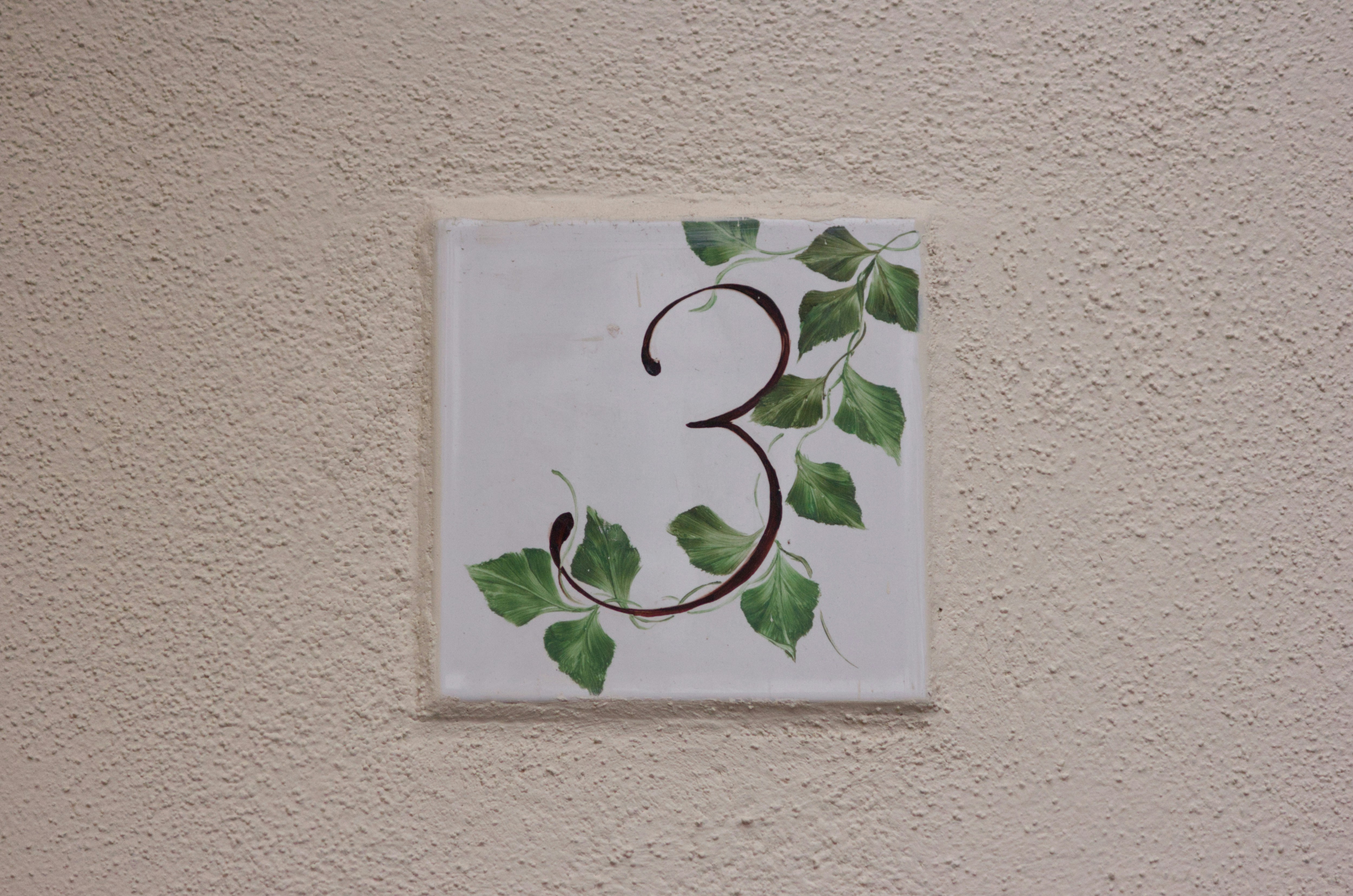 Una casa decorativa numero tre con foglie verdi