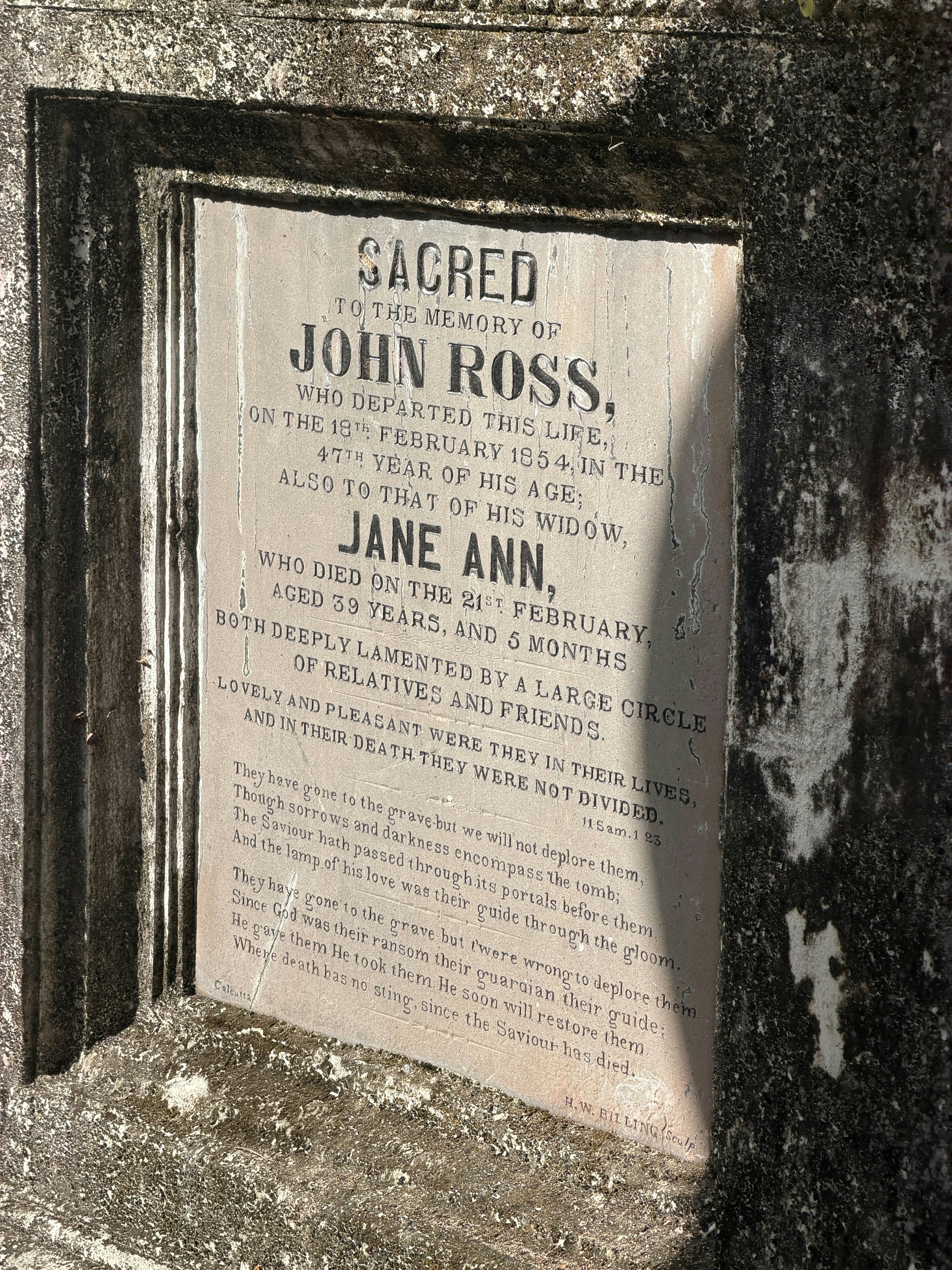 Tombstone inscription for john ross and jane ann.