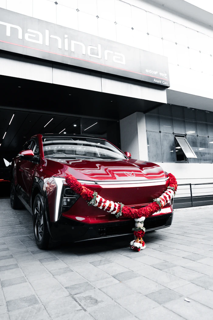 Car ready for delivery decorated with a garland