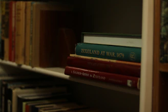Stack of books on a shelf with titles visible