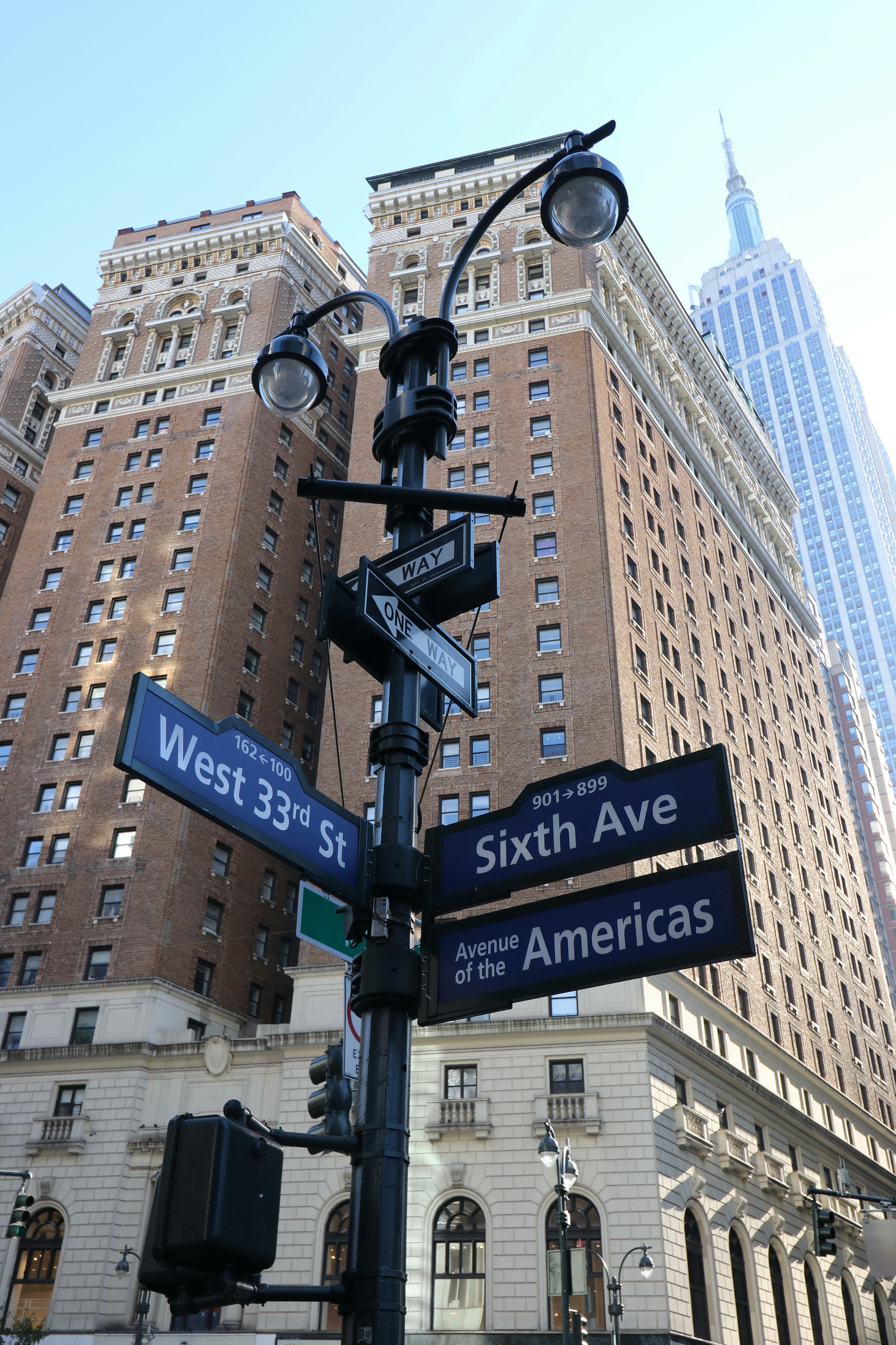 Street signs with empire state building in background
