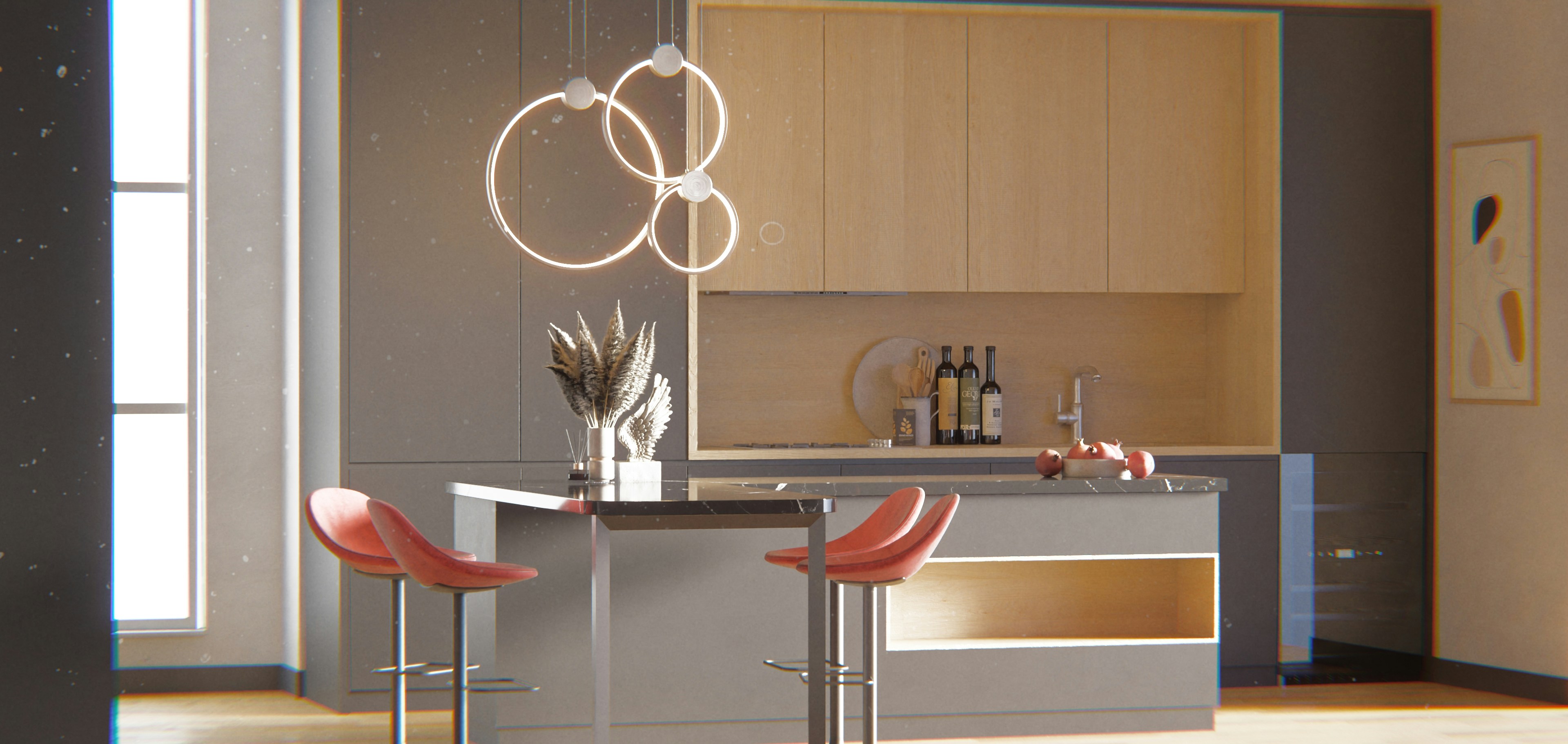 Modern kitchen island with bar stools and pendant lights.