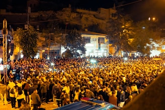 A large crowd gathered in a street at night.