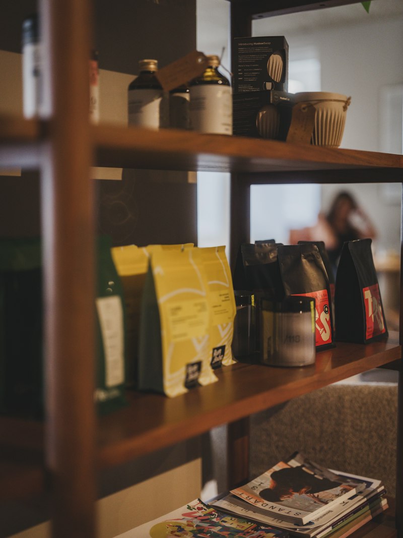 Shelves with products and packaging