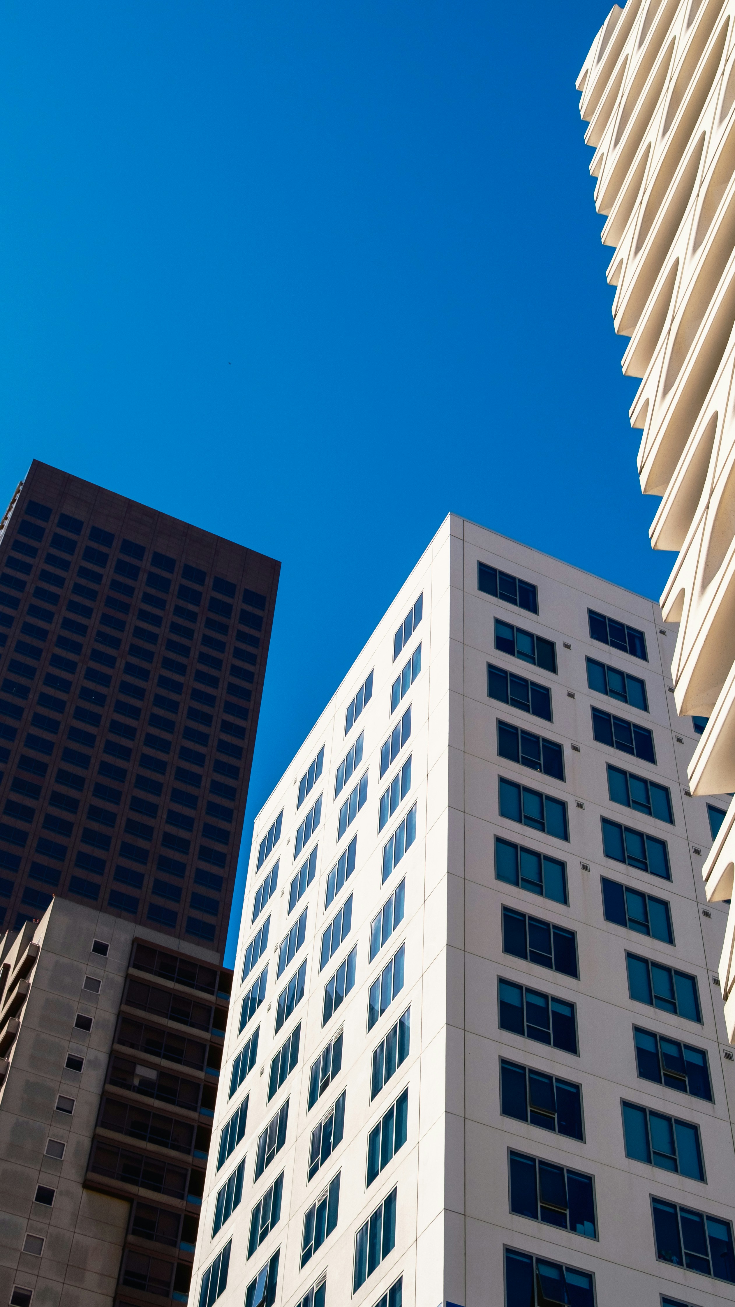 Modern skyscrapers against a clear blue sky