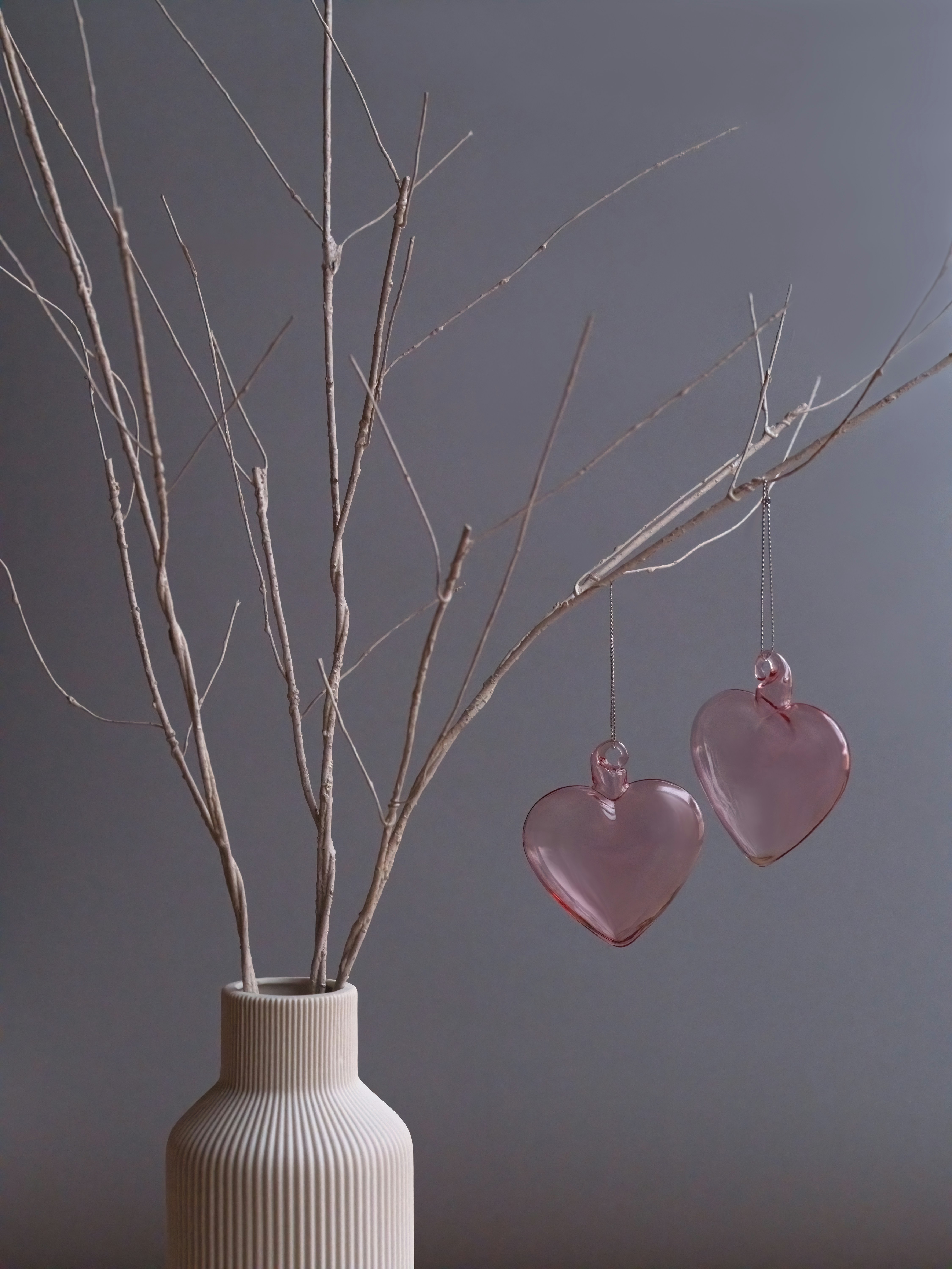 Two pink heart ornaments hanging from bare branches.
