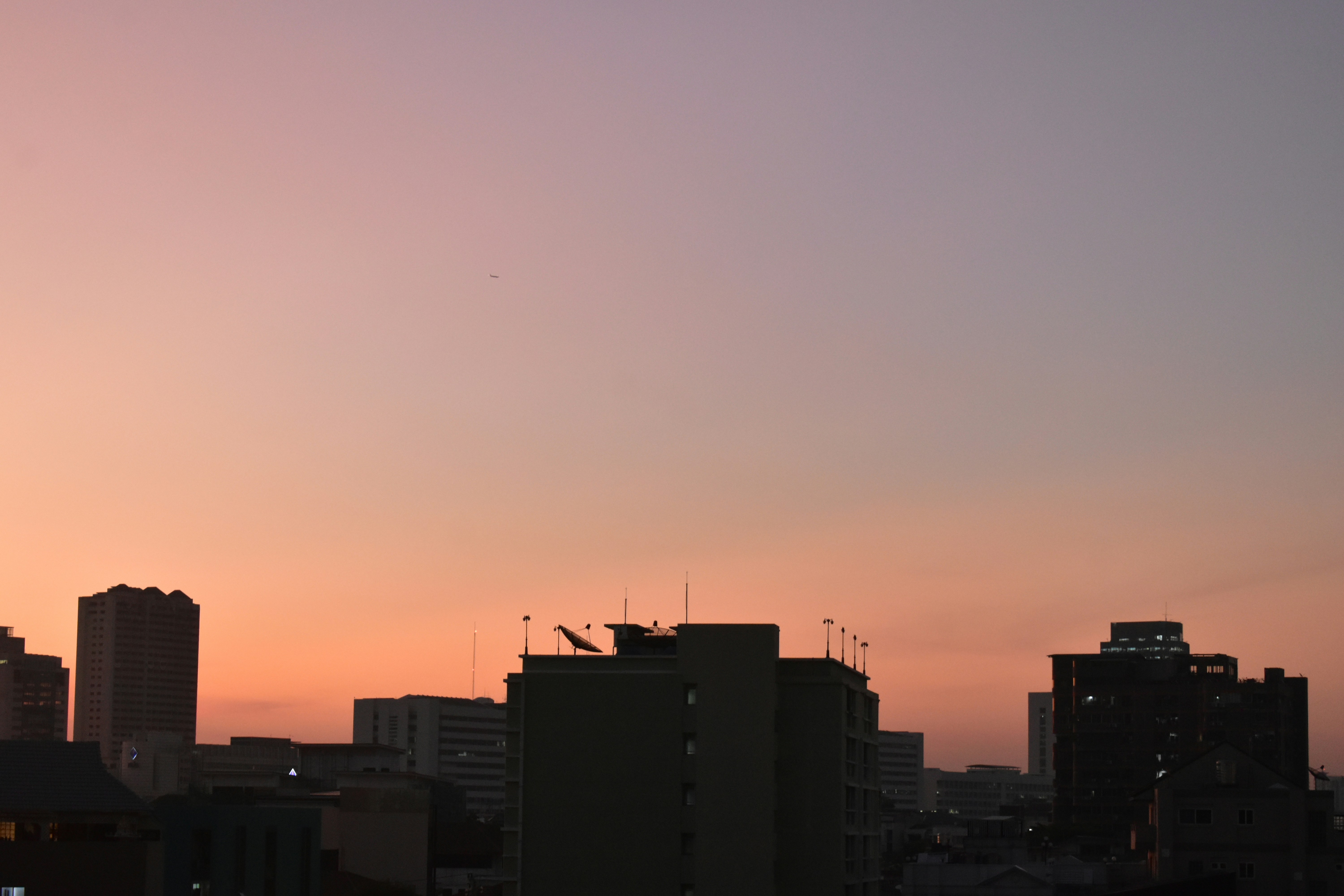 City skyline at dawn with soft pastel colors