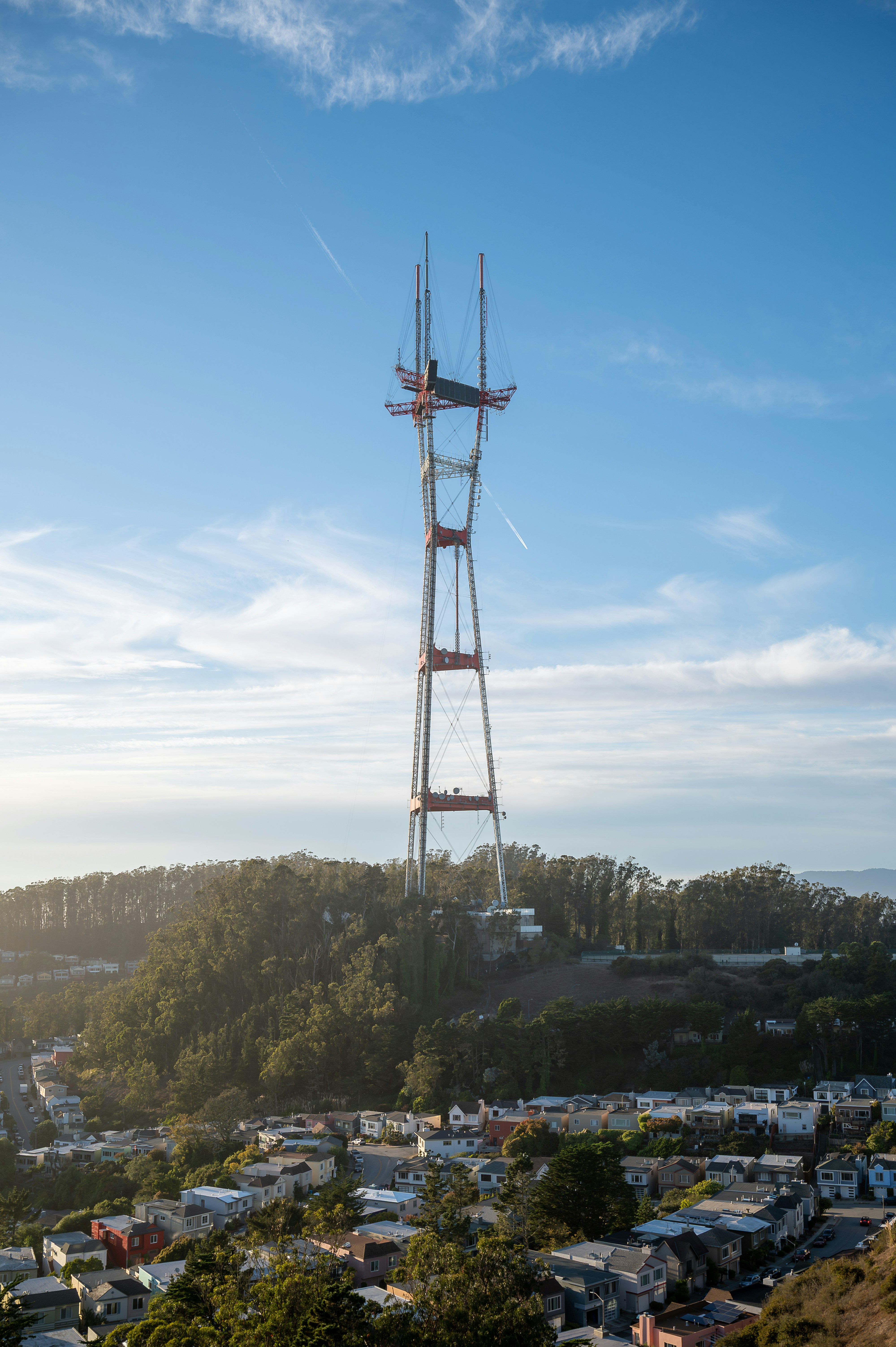 Sutro tower stands tall over san francisco neighborhood.