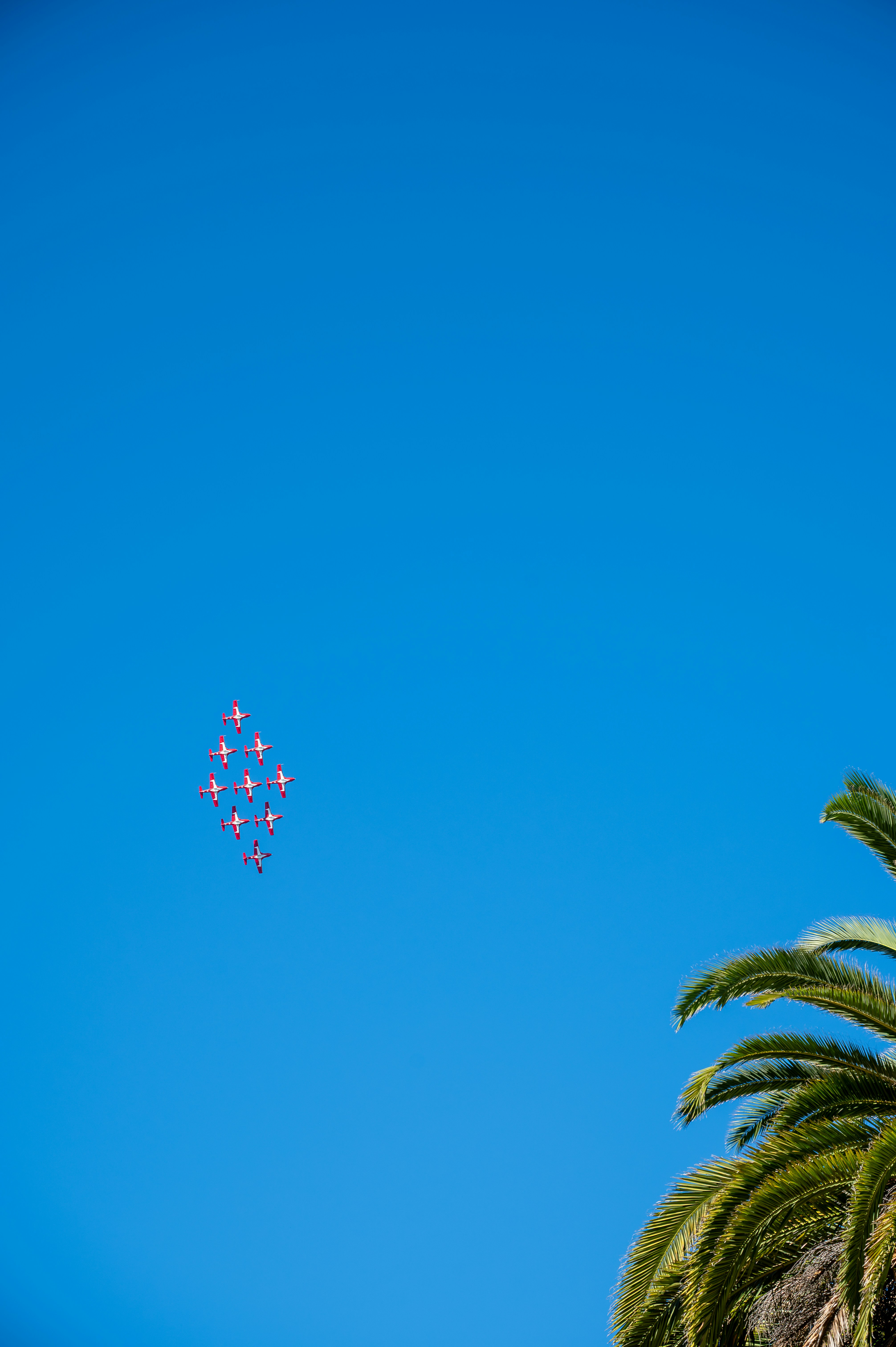 Airplanes flying in formation against a clear blue sky.