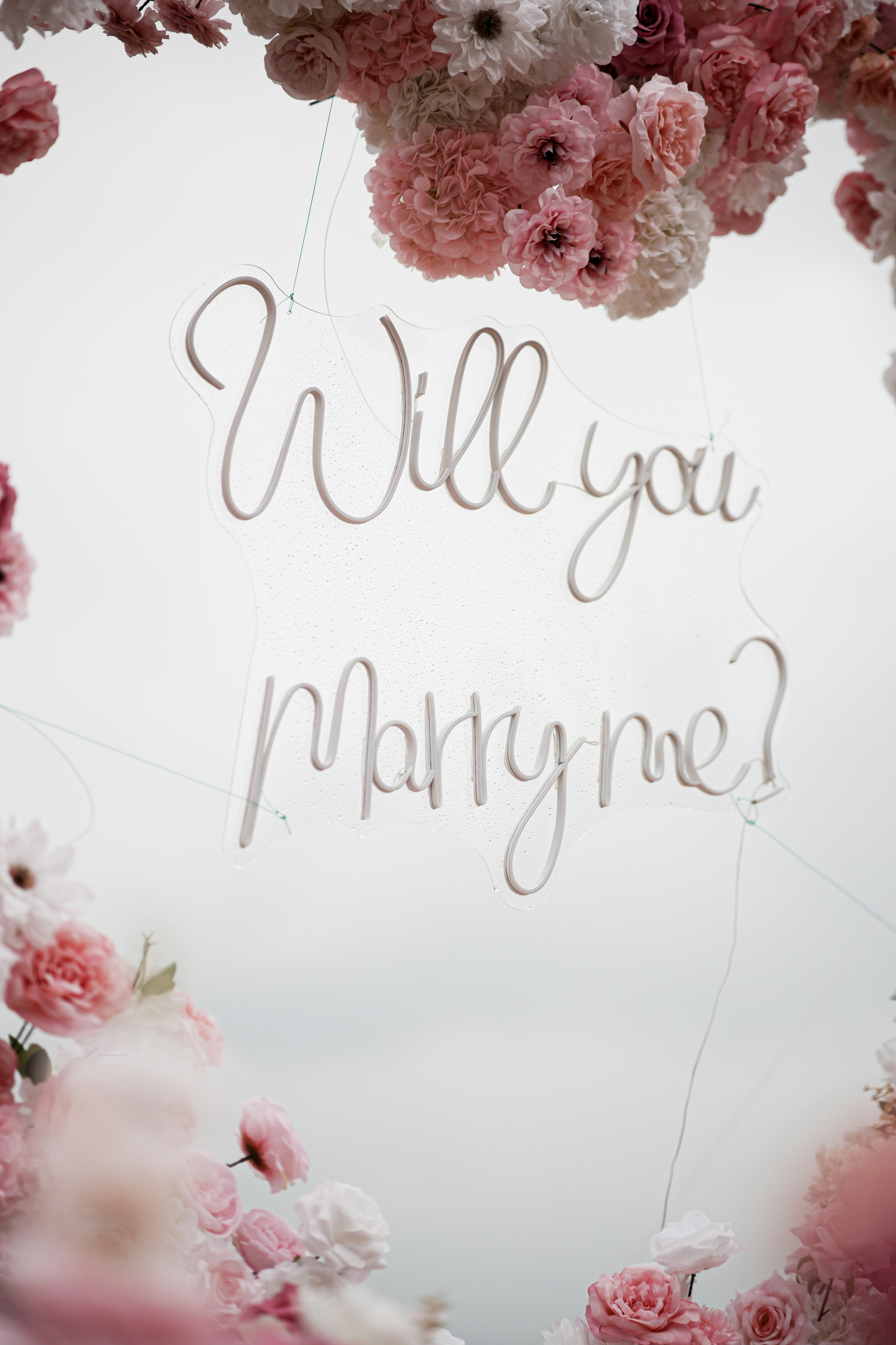 Will you marry me? text with pink flowers.