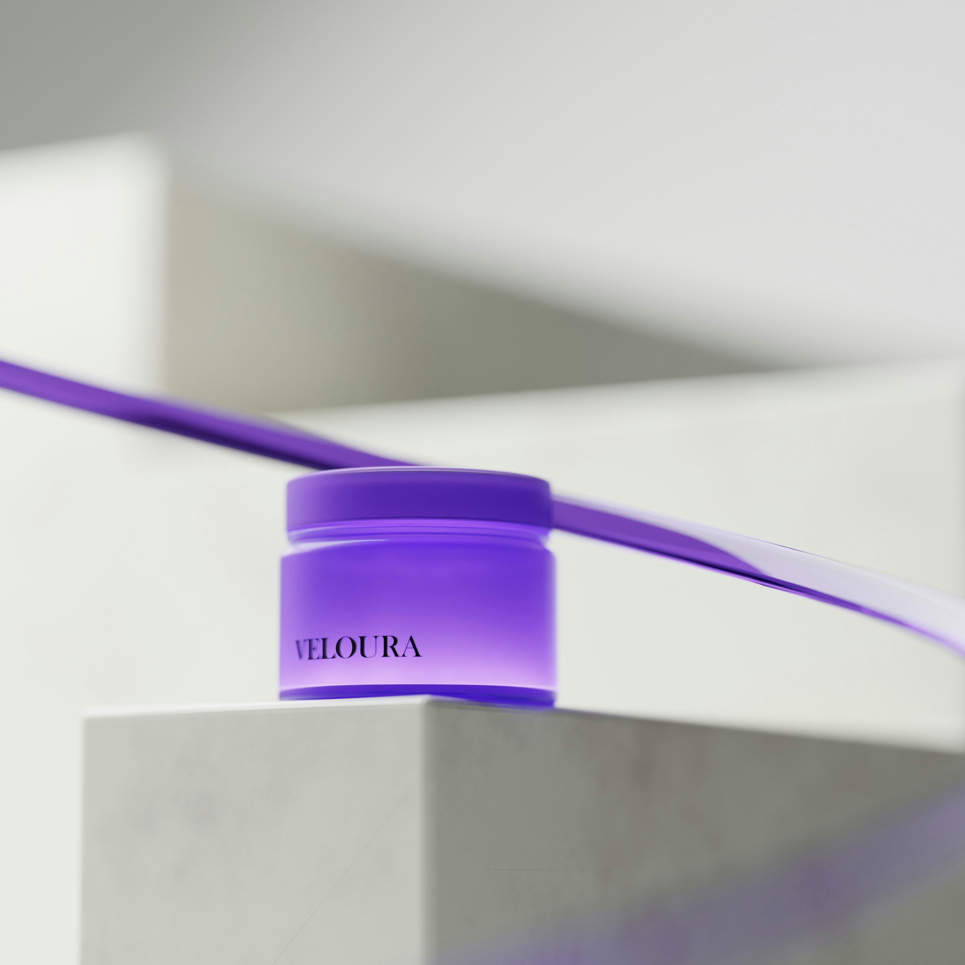 A purple jar with a ribbon on a pedestal.