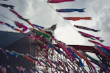 Colorful carp streamers flying against a cloudy sky