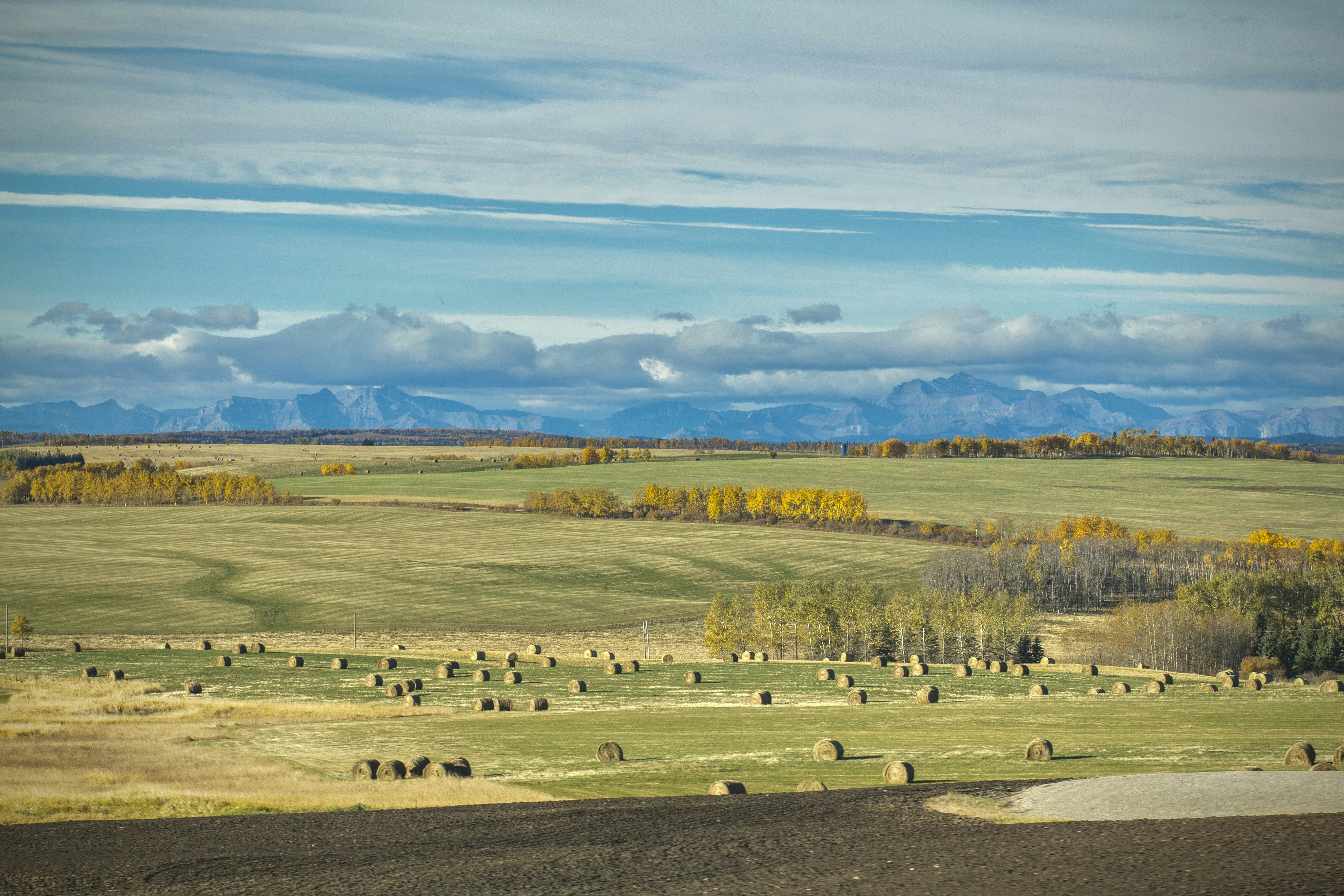 Rolling hills with hay bales and distant mountains